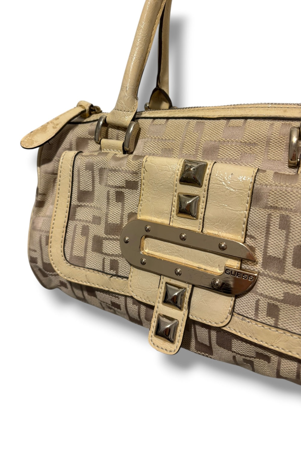 Guess Beige / Cream Signature Large Studded Canvas & Leather PVC Shoulder Bag