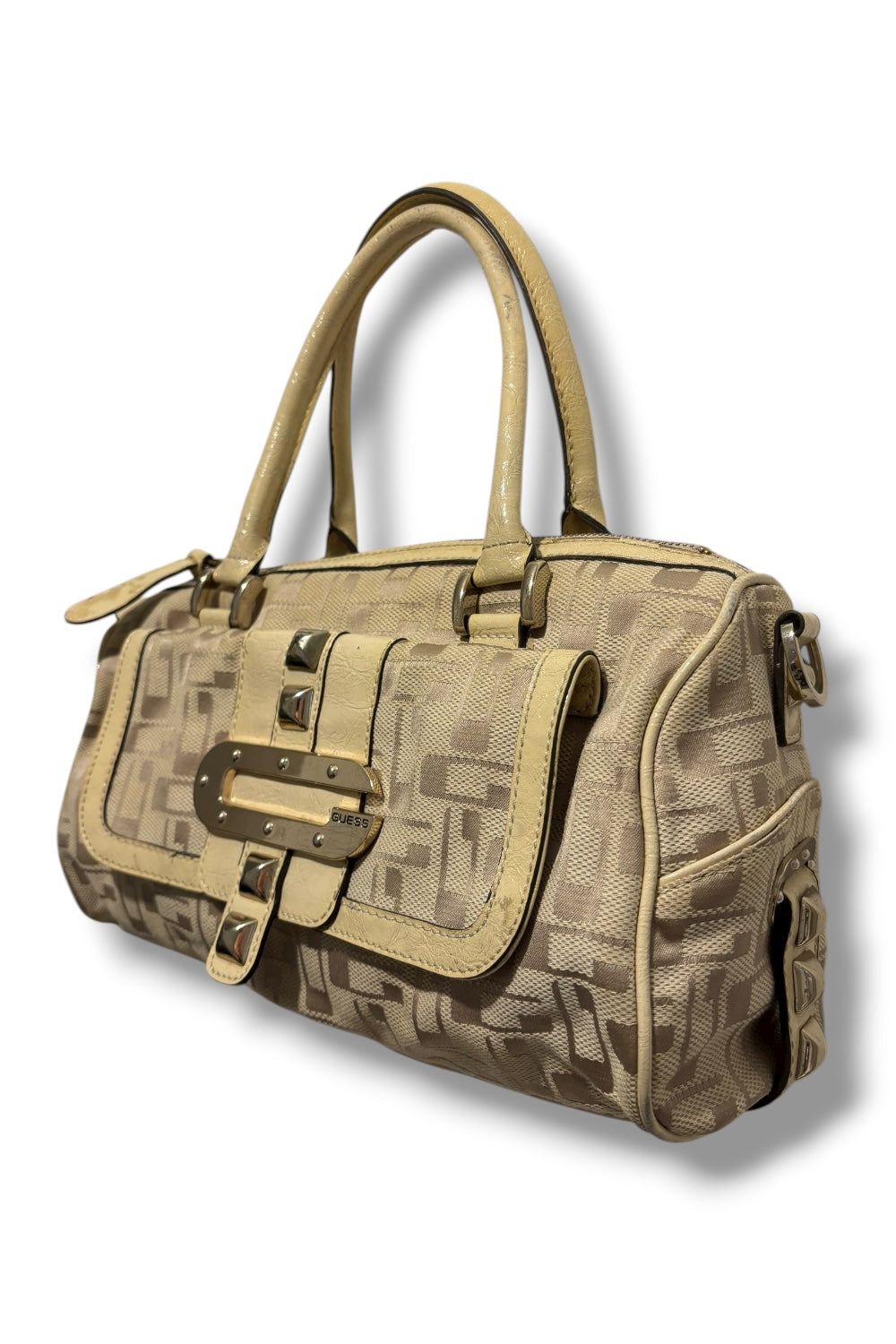 Guess Beige / Cream Signature Large Studded Canvas & Leather PVC Shoulder Bag