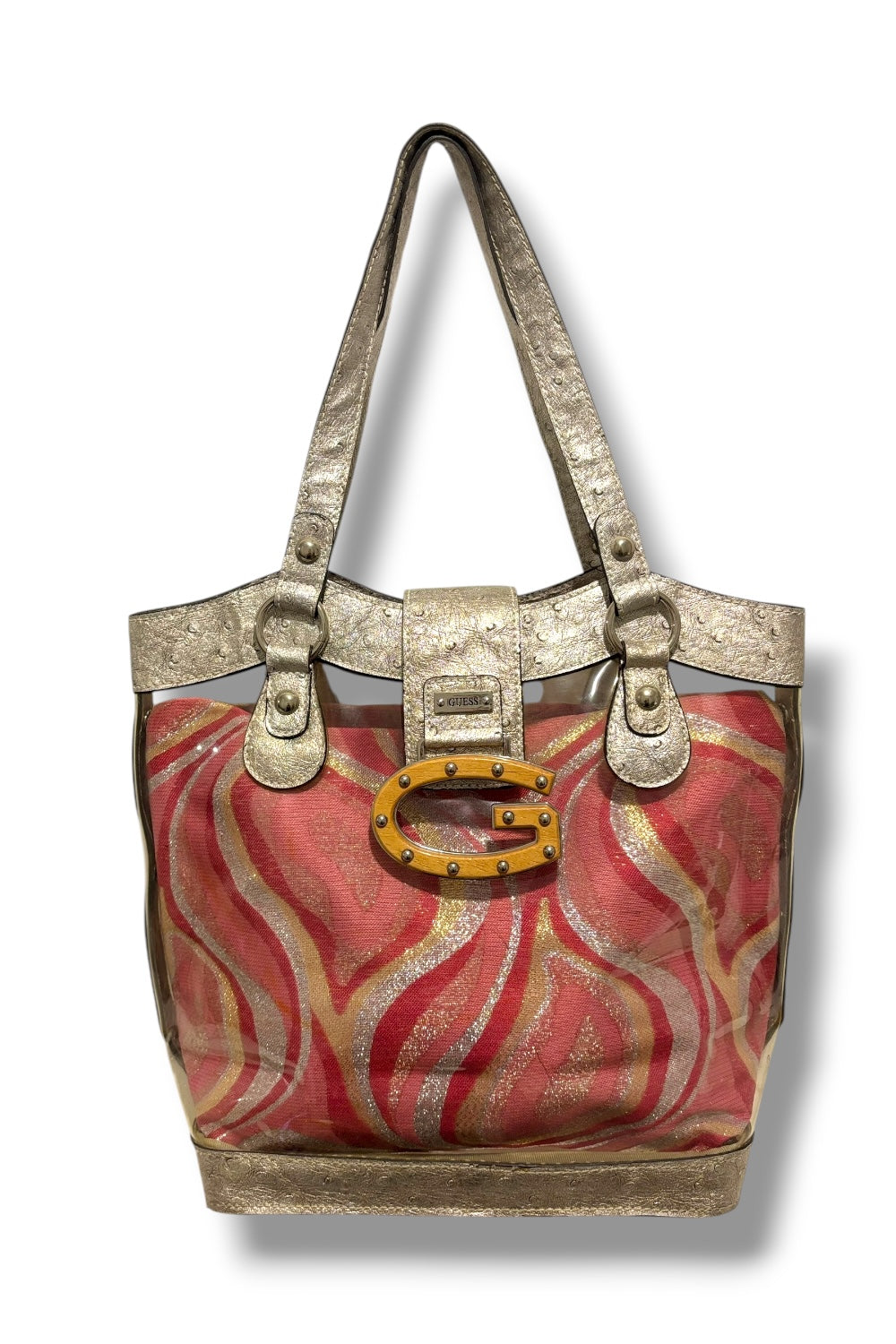 Guess Rare Pink & Silver Vintage Y2K Canvas & Leather PVC Swirl Metallic Shoulder Bag