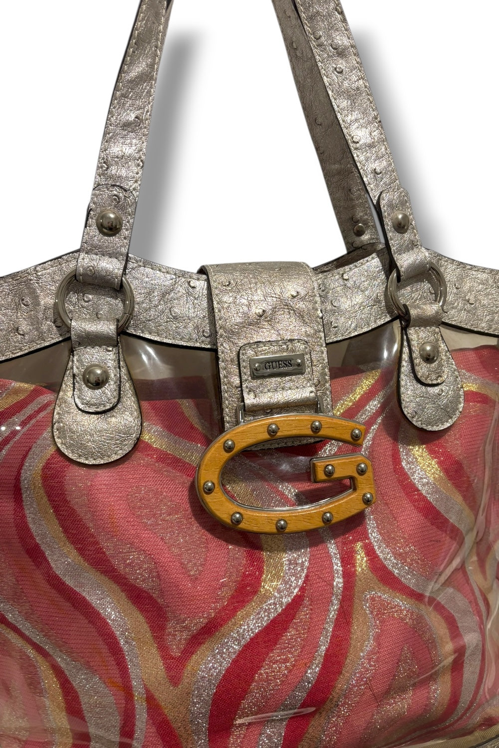 Guess Rare Pink & Silver Vintage Y2K Canvas & Leather PVC Swirl Metallic Shoulder Bag
