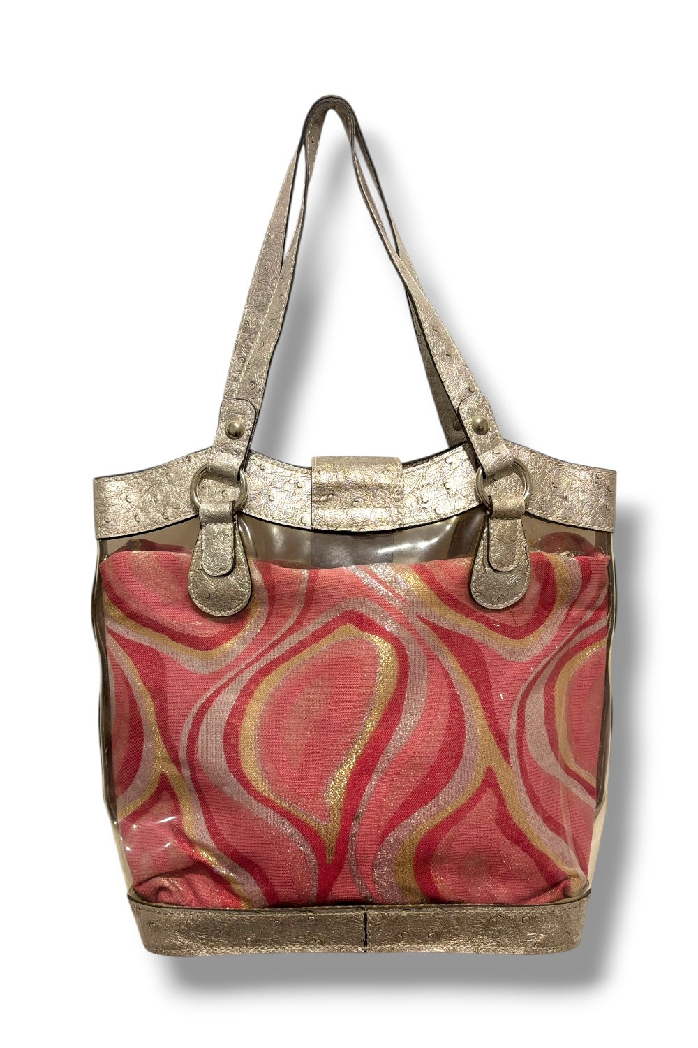 Guess Rare Pink & Silver Vintage Y2K Canvas & Leather PVC Swirl Metallic Shoulder Bag