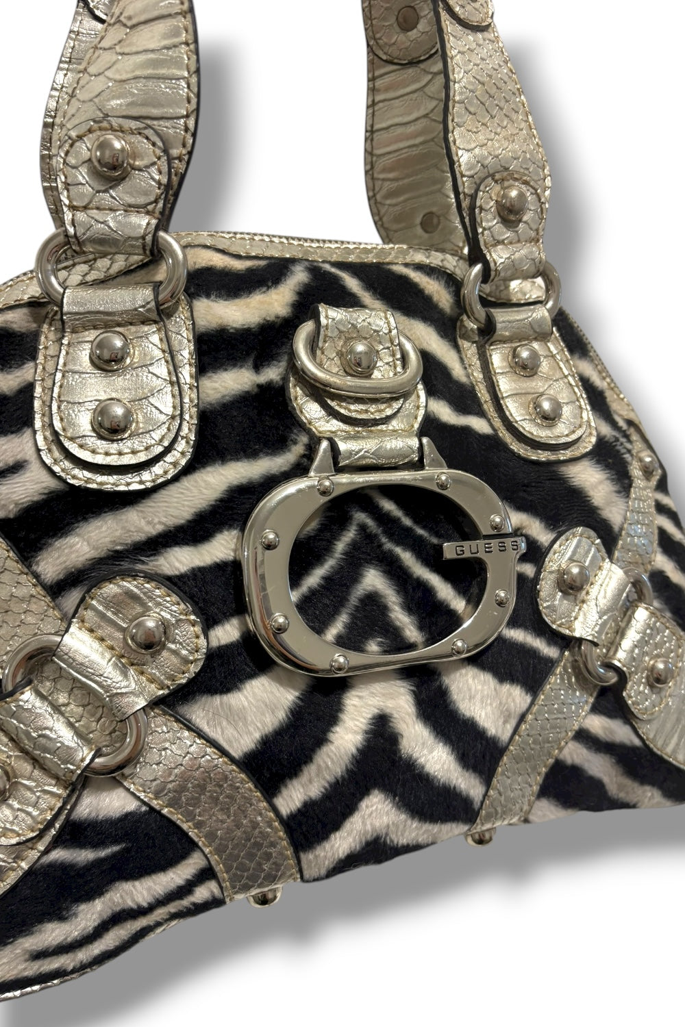 Guess RARE Black & White Zebra Animal Print Faux Fur & Leather PVC Shoulder Bag