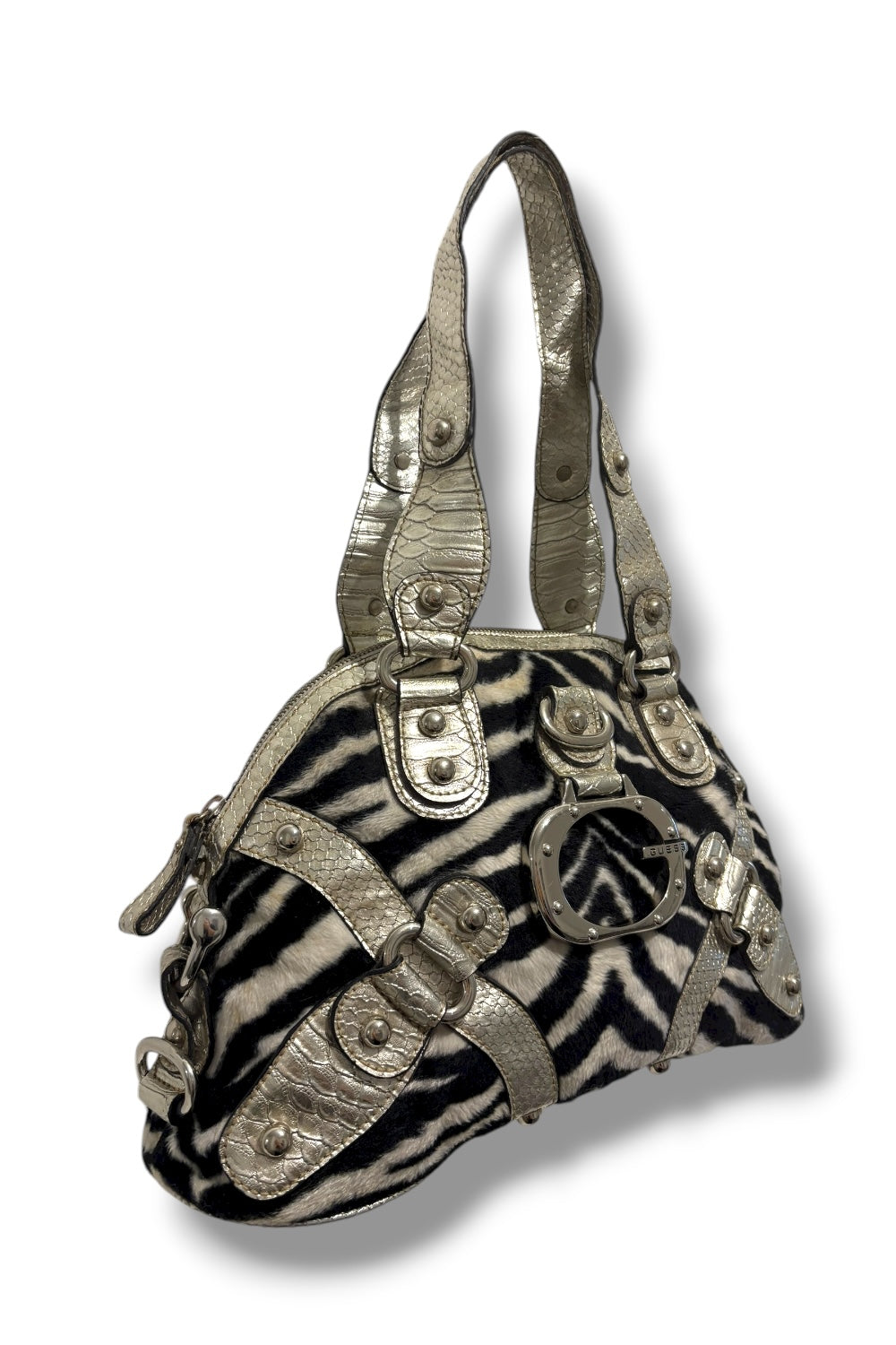 Guess RARE Black & White Zebra Animal Print Faux Fur & Leather PVC Shoulder Bag