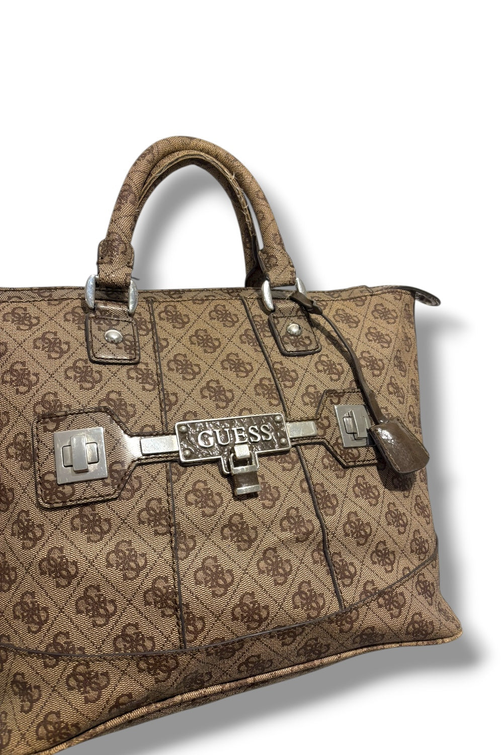 Guess Vintage Brown / Tan Signature Leather PVC Tote Shoulder Bag