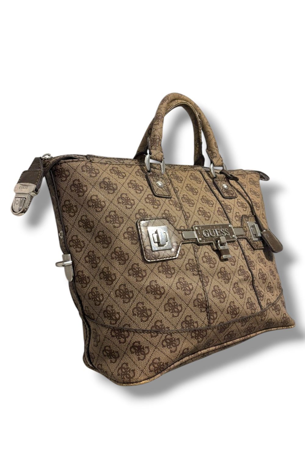 Guess Vintage Brown / Tan Signature Leather PVC Tote Shoulder Bag