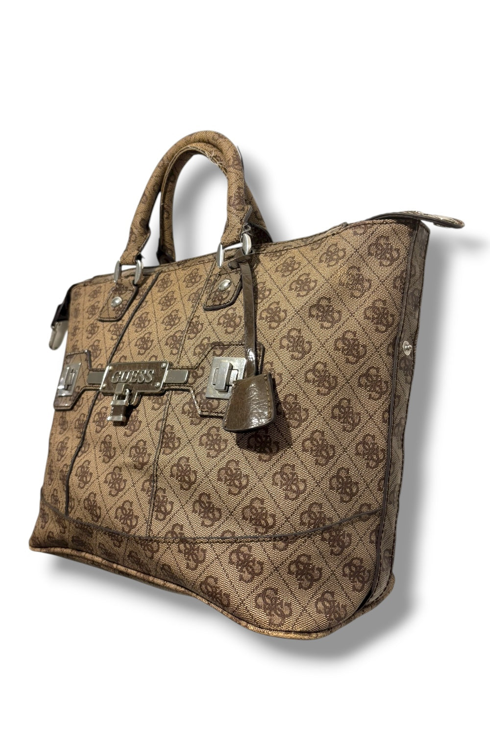 Guess Vintage Brown / Tan Signature Leather PVC Tote Shoulder Bag