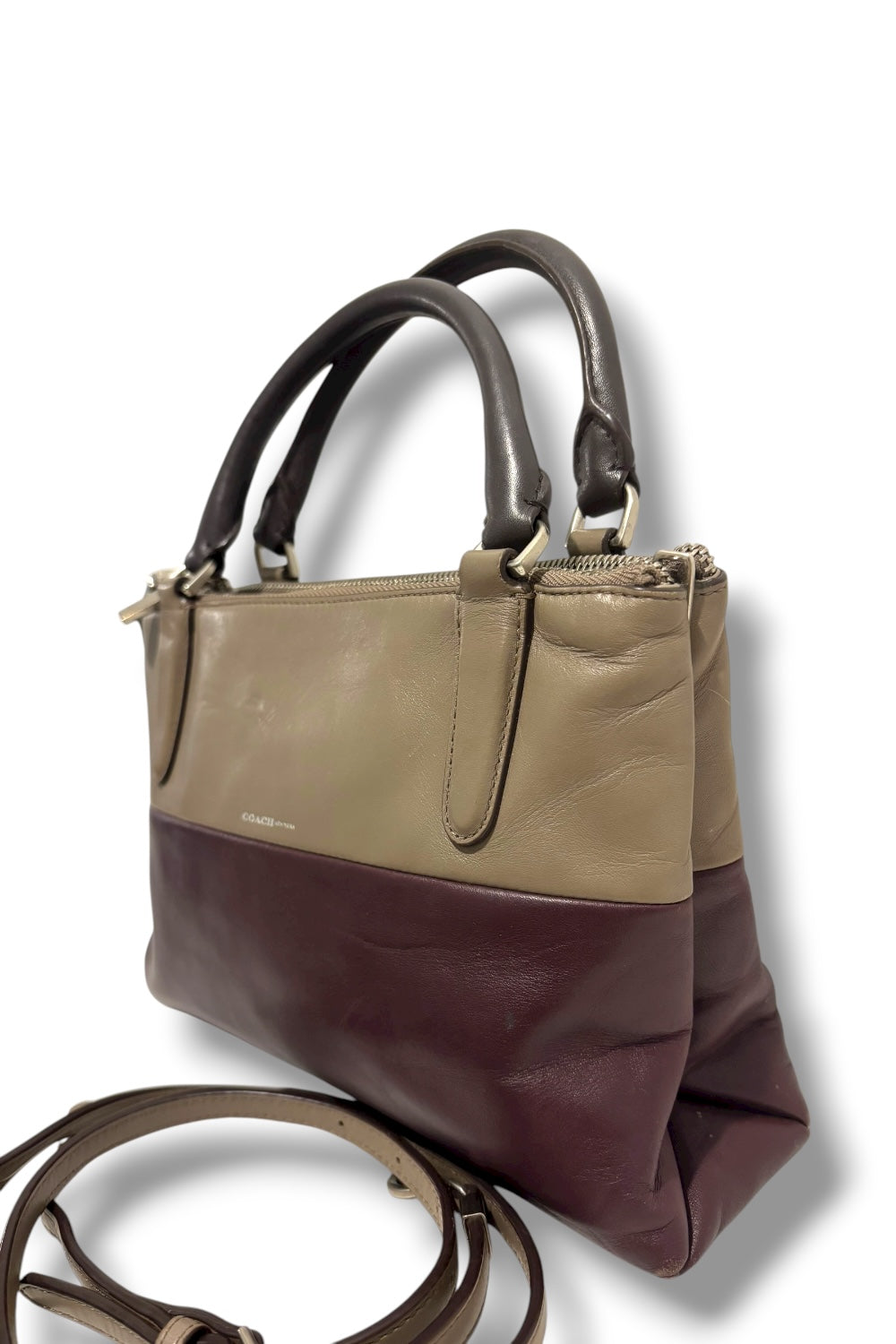 Coach Mini Borough RARE Vintage Retro  Colour block Leather Oxblood & Grey Shoulder Bag