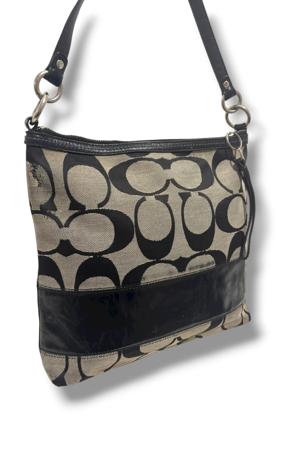 Coach Black / Grey Canvas & Leather Signature Monogram Vintage Shoulder Bag