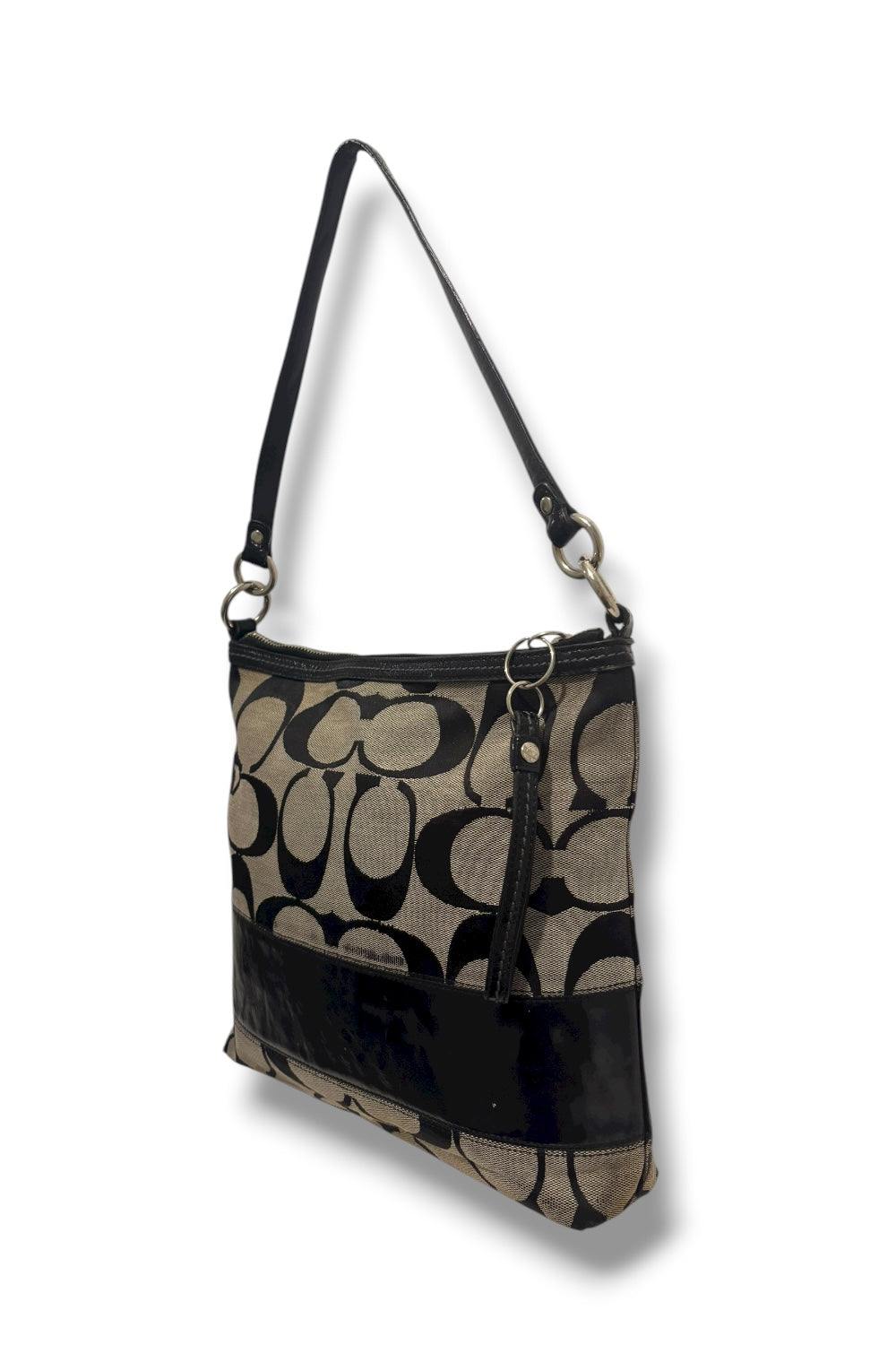 Coach Black / Grey Canvas & Leather Signature Monogram Vintage Shoulder Bag