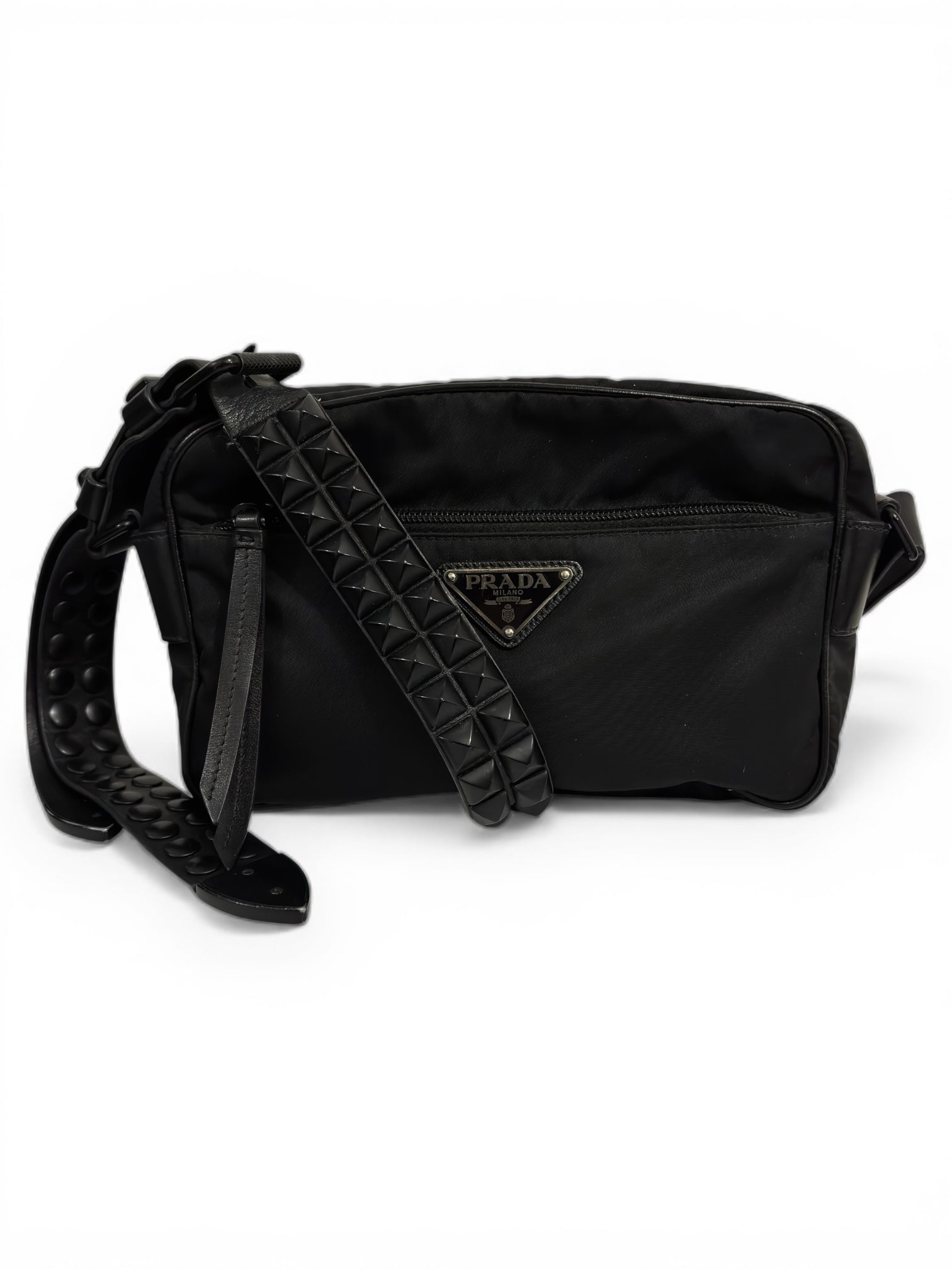 Prada Rare Black Nylon New Vela Rock Studded Vintage Leather Strap Crossbody / Shoulder Bag