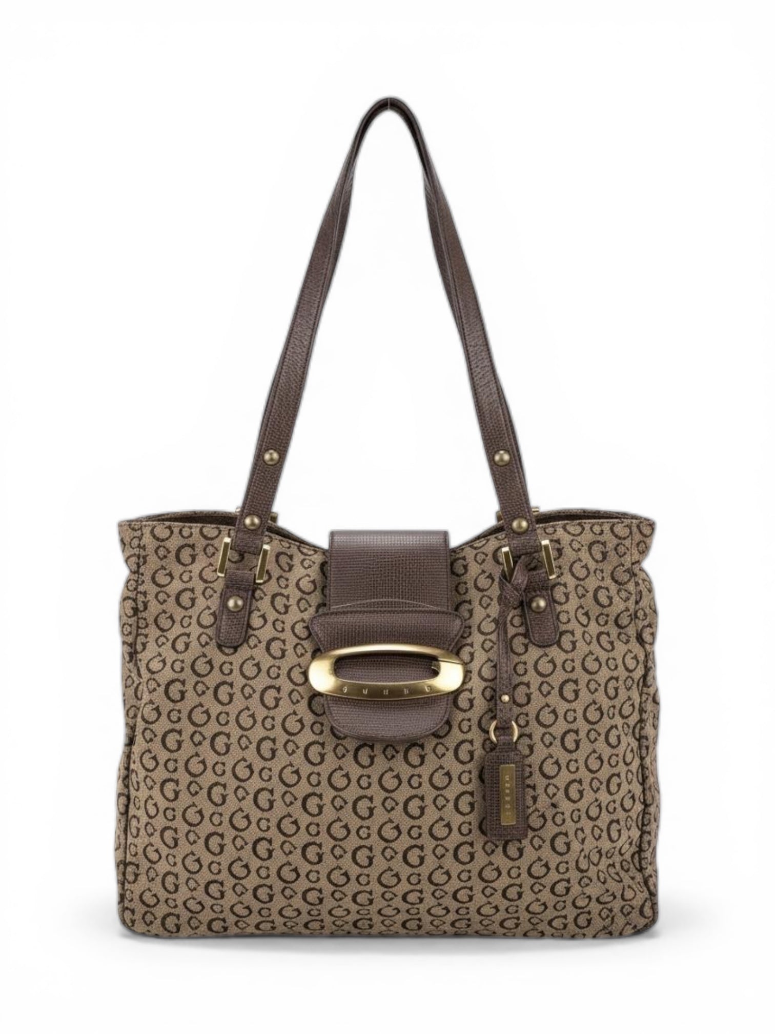 Guess Brown Signature Canvas & Leather Croc Embossed PVC Shoulder Bag