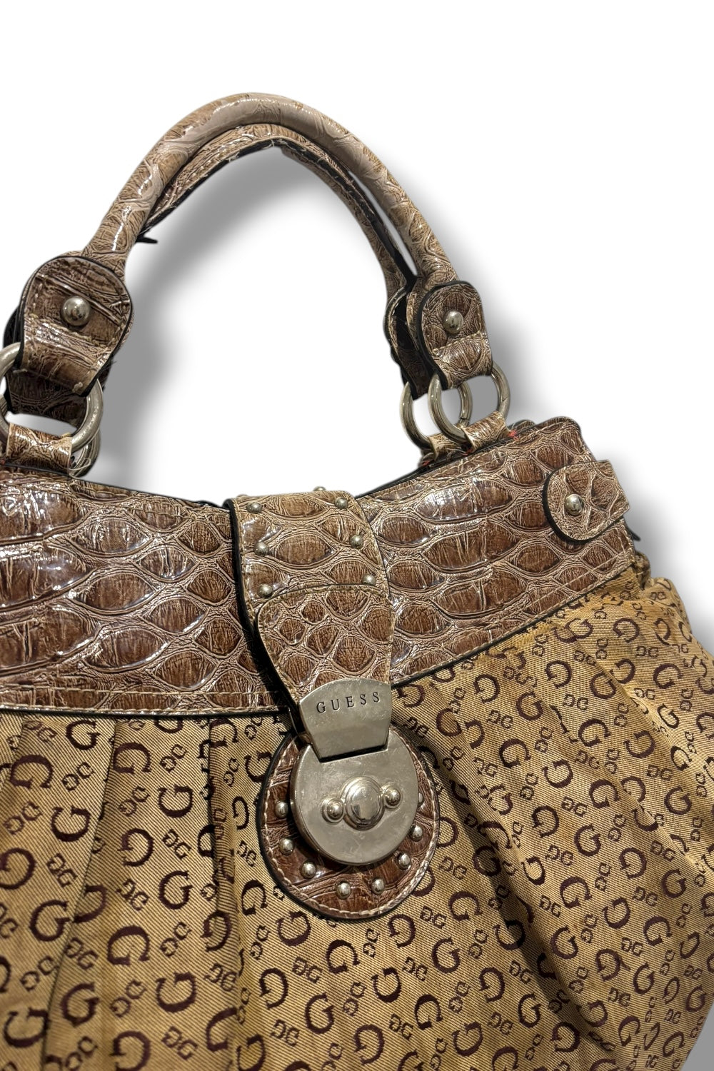 Guess Brown / Khaki Canvas & Leather PVC Croc / Snake Large Shoulder Bag
