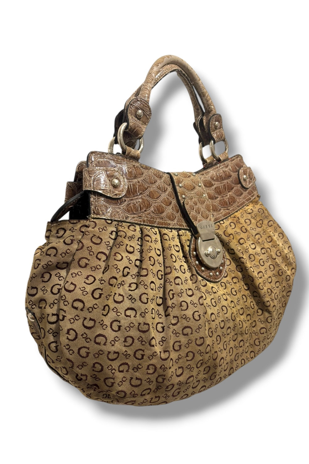 Guess Brown / Khaki Canvas & Leather PVC Croc / Snake Large Shoulder Bag