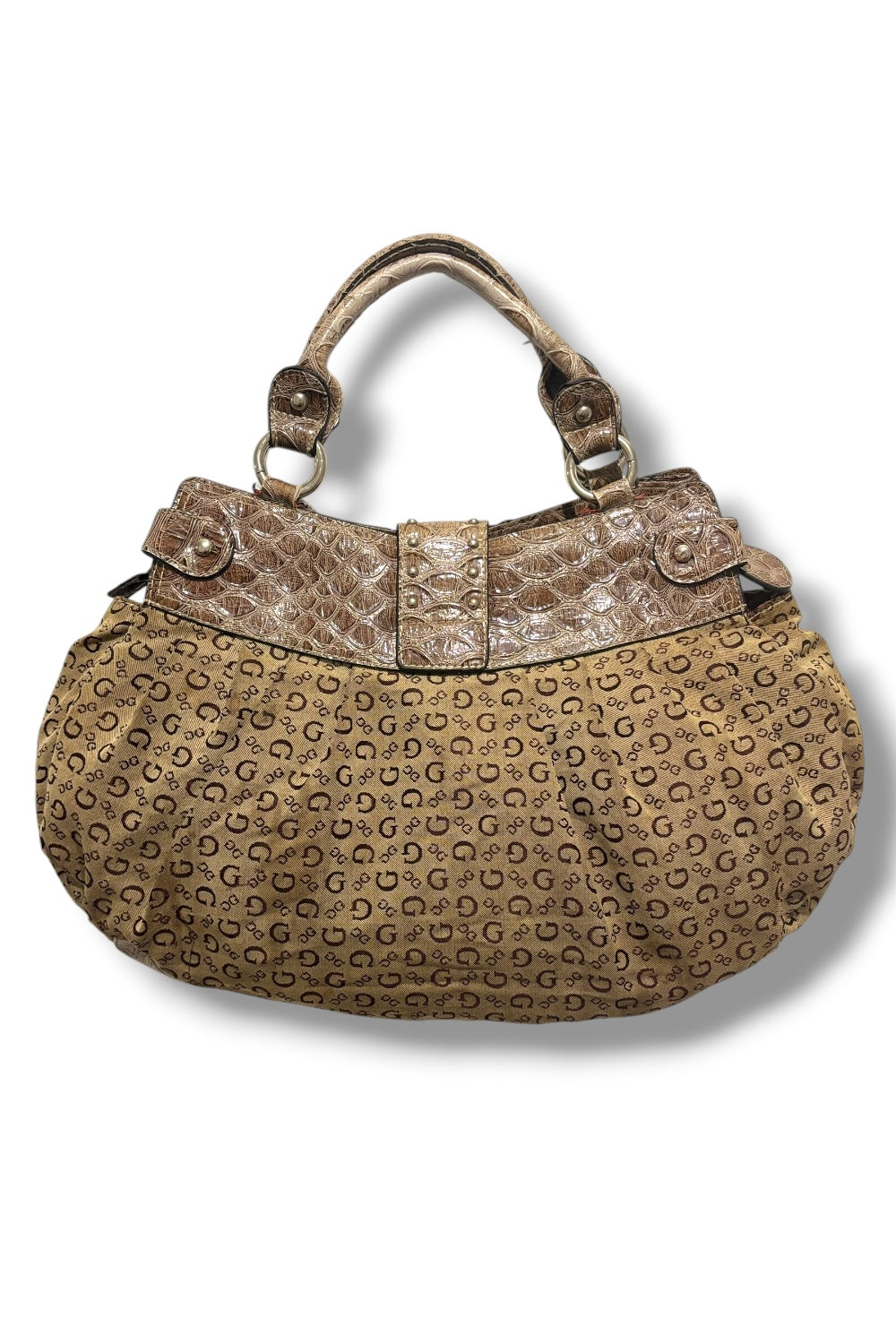 Guess Brown / Khaki Canvas & Leather PVC Croc / Snake Large Shoulder Bag