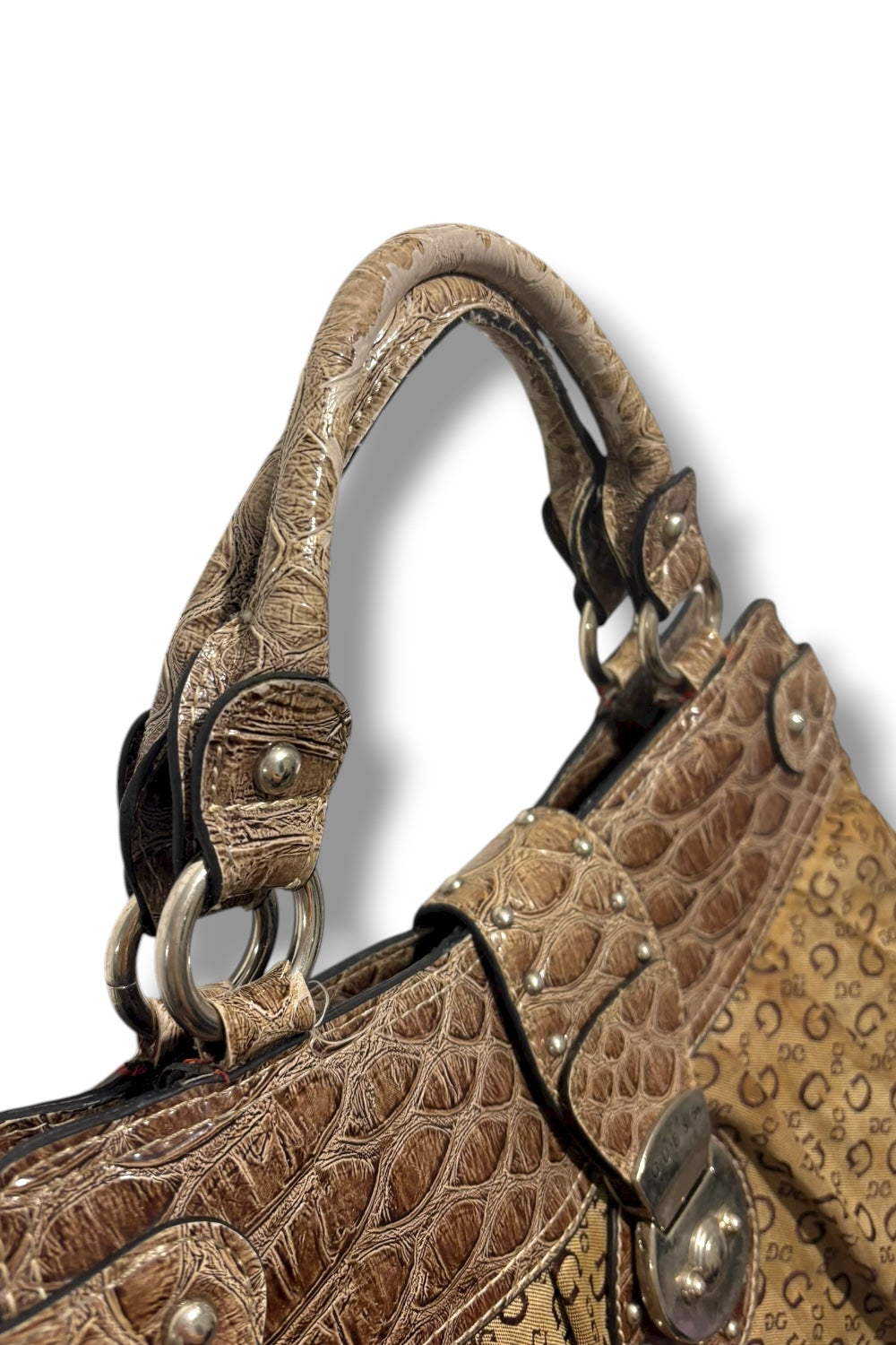 Guess Brown / Khaki Canvas & Leather PVC Croc / Snake Large Shoulder Bag