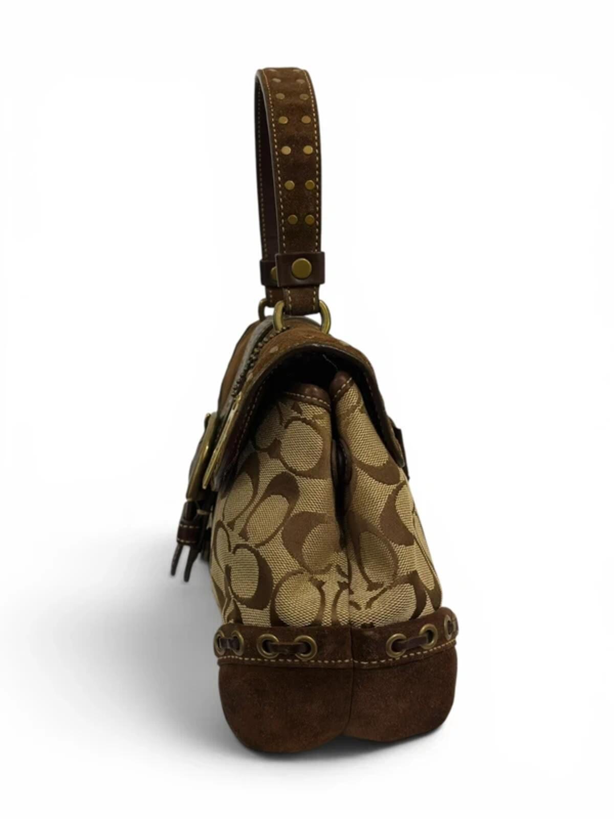 Coach Signature Soho Brown Canvas & Suede Buckle Studded Handbag D04J-7059