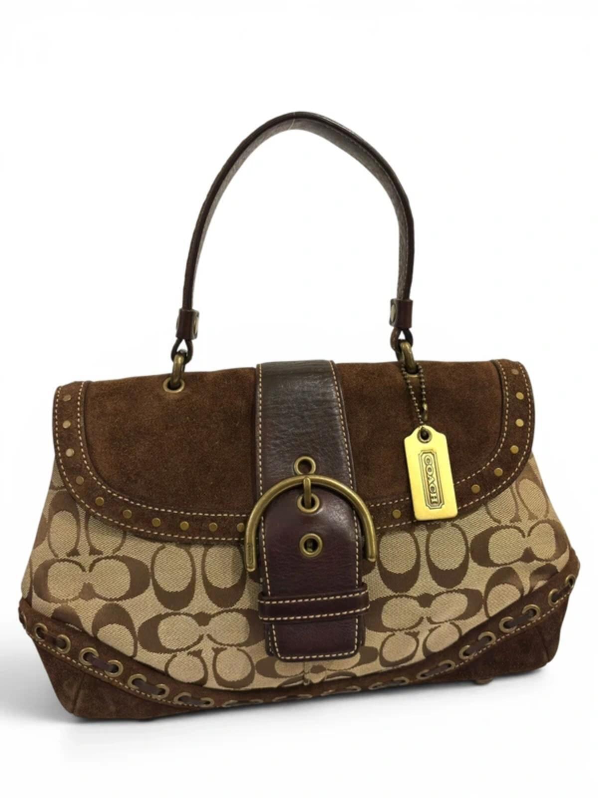 Coach Signature Soho Brown Canvas & Suede Buckle Studded Handbag D04J-7059