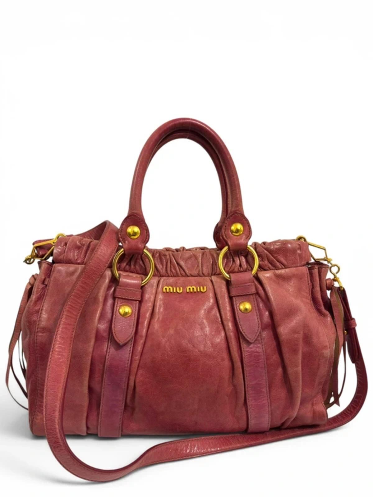 Miu Miu Pink Vitello Lux Leather 2 Way Gathered Vintage Tote Crossbody / Shoulder Bag