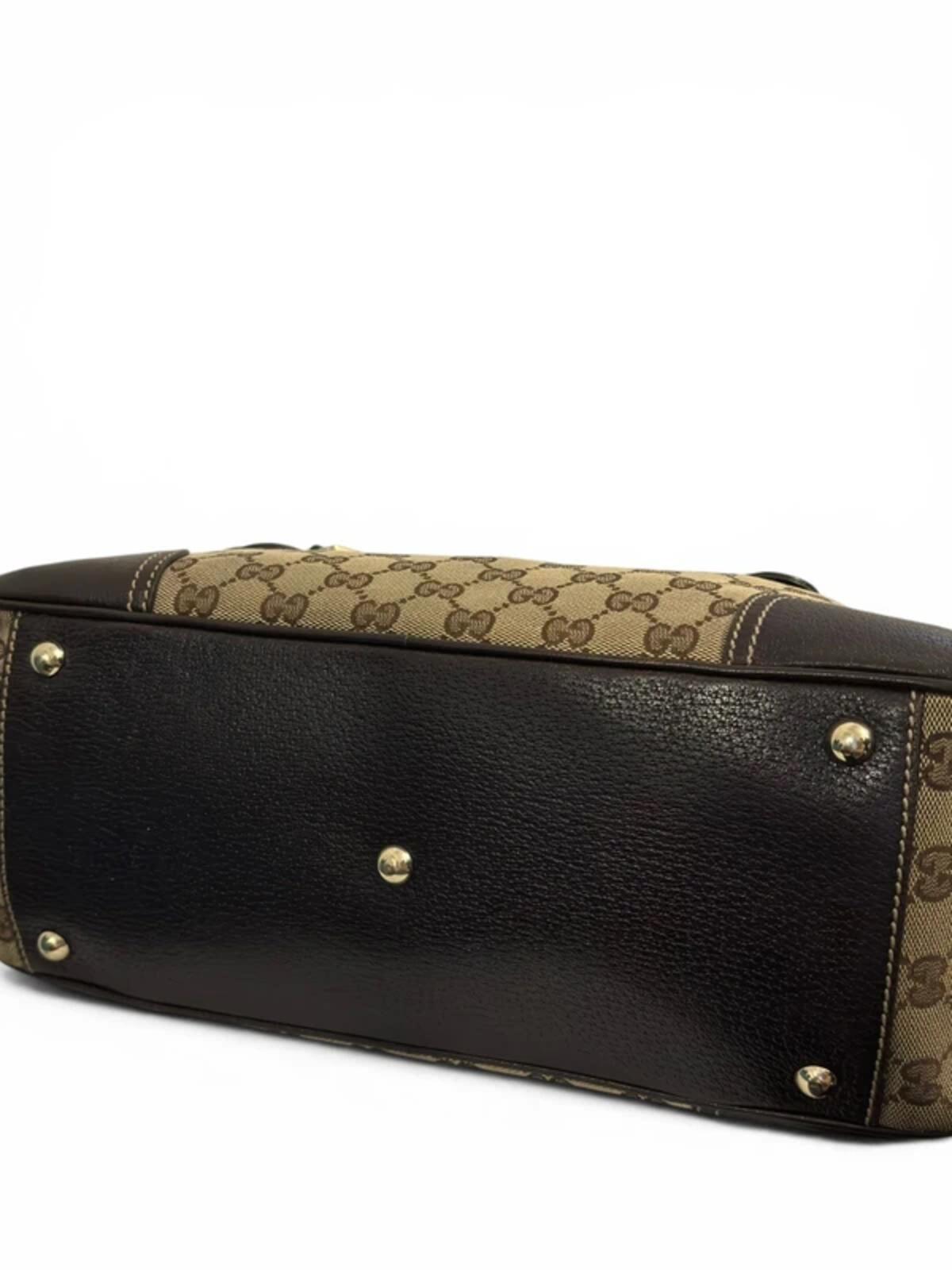 Gucci GG Brown / Beige Princy Boston Canvas & Leather Ribbon Vintage Shoulder Bag