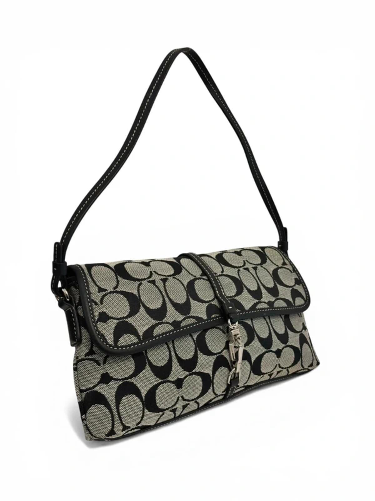 Coach Black & Grey Signature Hampton Clip Canvas & Leather 2000's Shoulder Bag