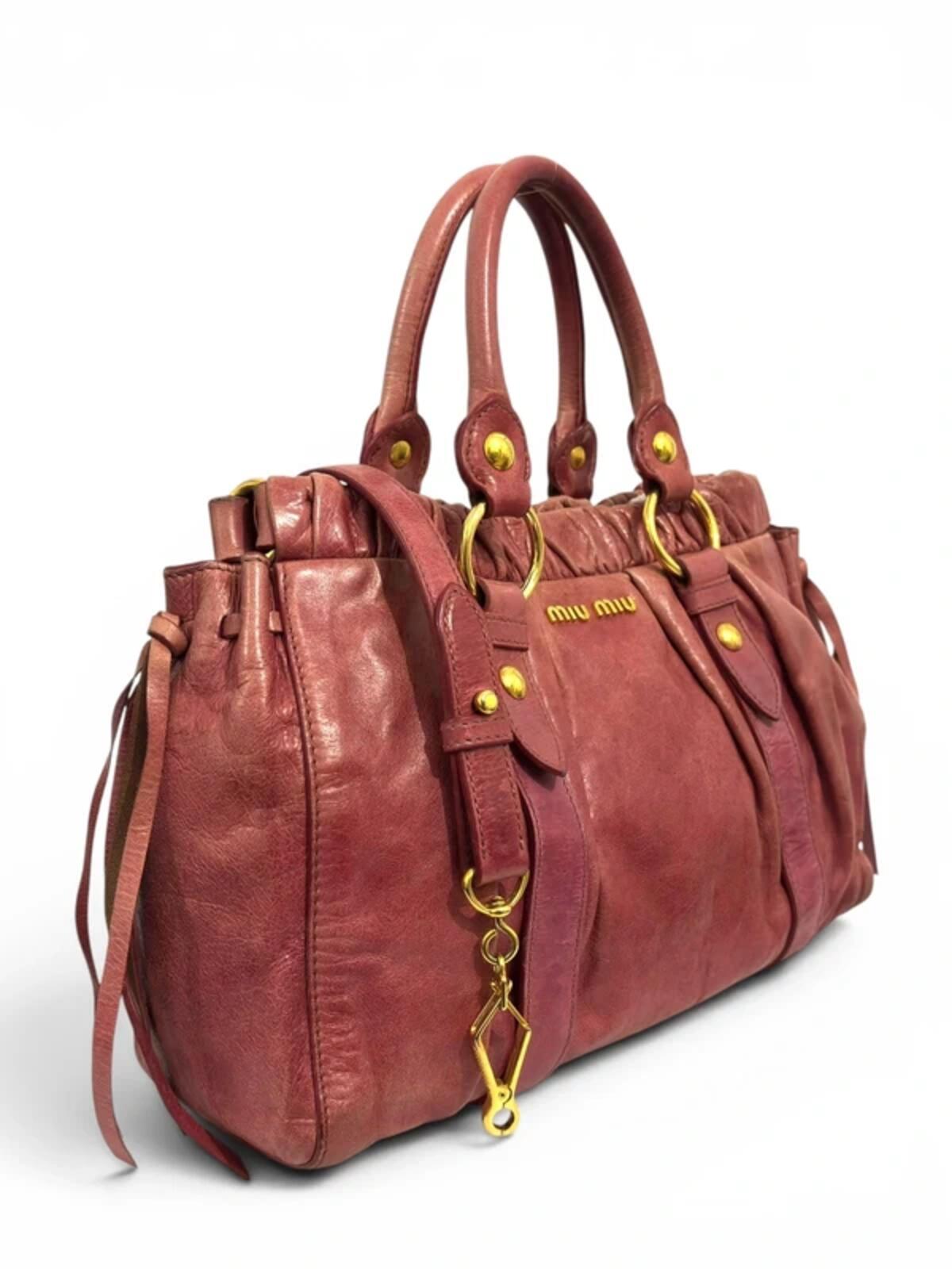 Miu Miu Pink Vitello Lux Leather 2 Way Gathered Vintage Tote Crossbody / Shoulder Bag