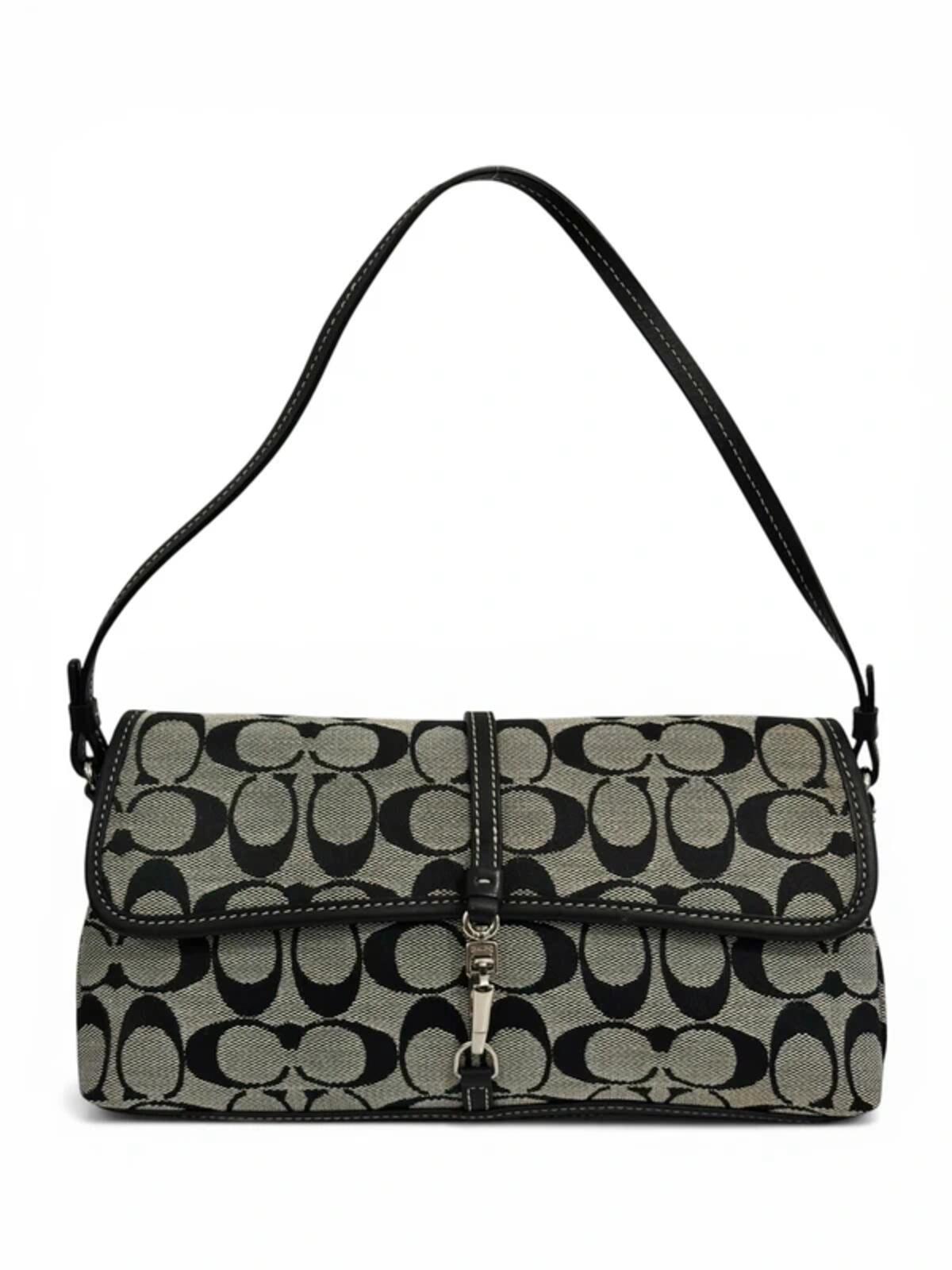 Coach Black & Grey Signature Hampton Clip Canvas & Leather 2000's Shoulder Bag