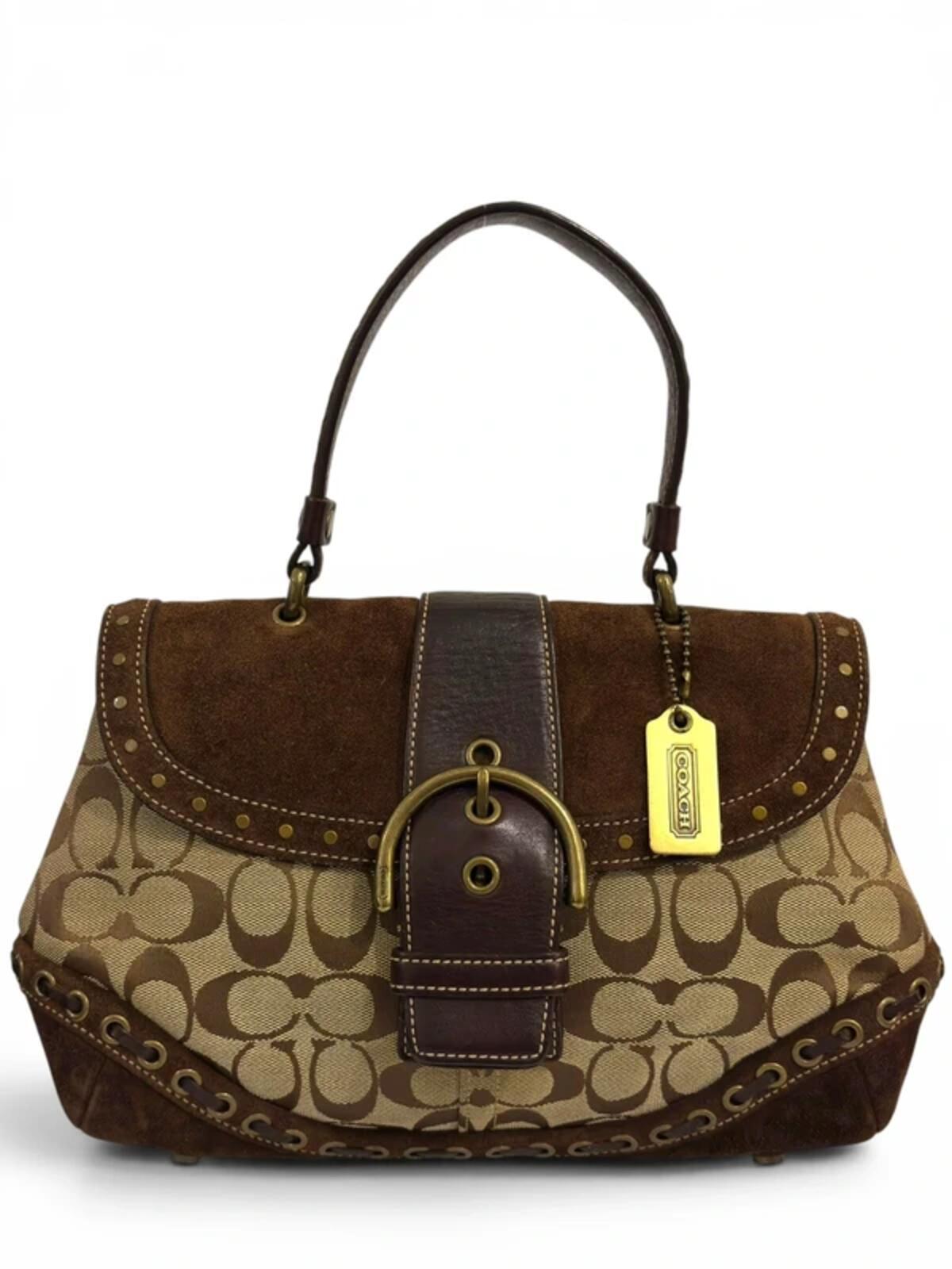 Coach Signature Soho Brown Canvas & Suede Buckle Studded Handbag D04J-7059