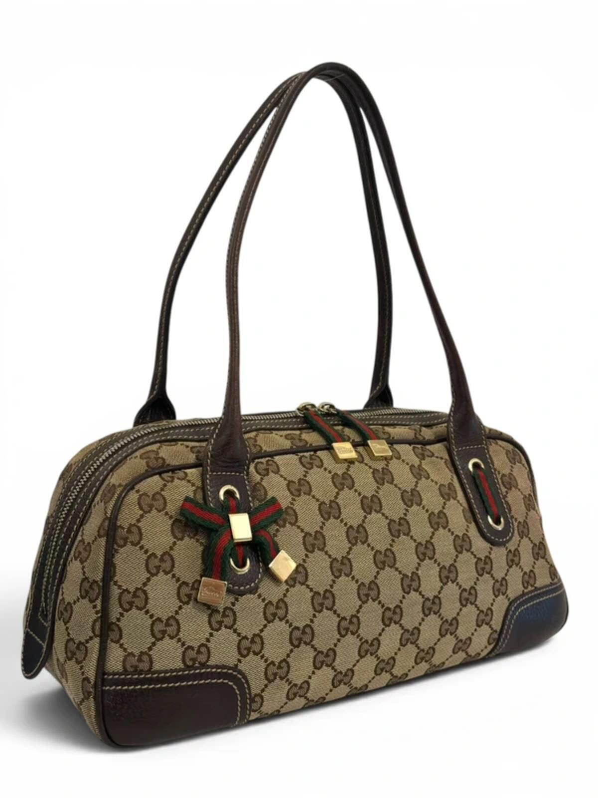 Gucci GG Brown / Beige Princy Boston Canvas & Leather Ribbon Vintage Shoulder Bag