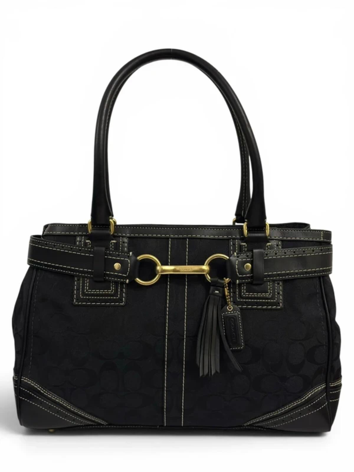 Coach Large Black Hampton Canvas & Leather Clip Tassel Belted Tote Shoulder Bag