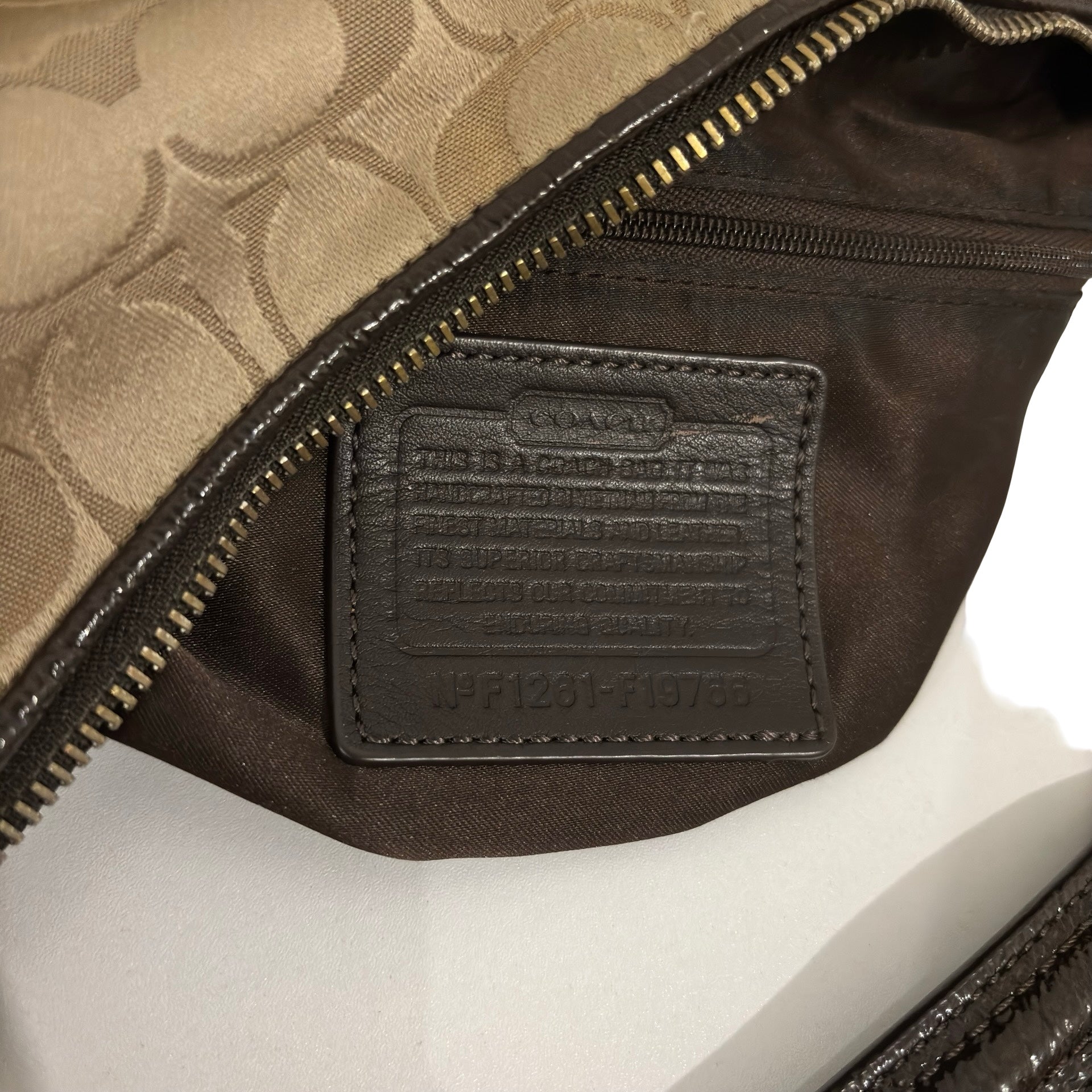Coach 'Ashley' Signature Brown Khaki Satin Canvas & Patent Leather Hobo Vintage Shoulder Bag
