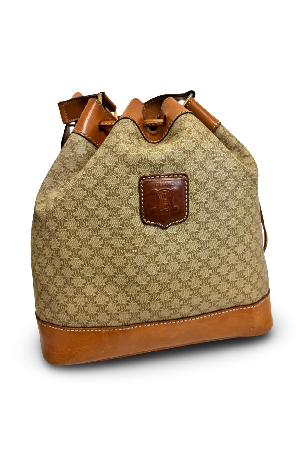 Celine Macadam Canvas & Leather Brown Tan  Bucket Shoulder Bag & Pouch