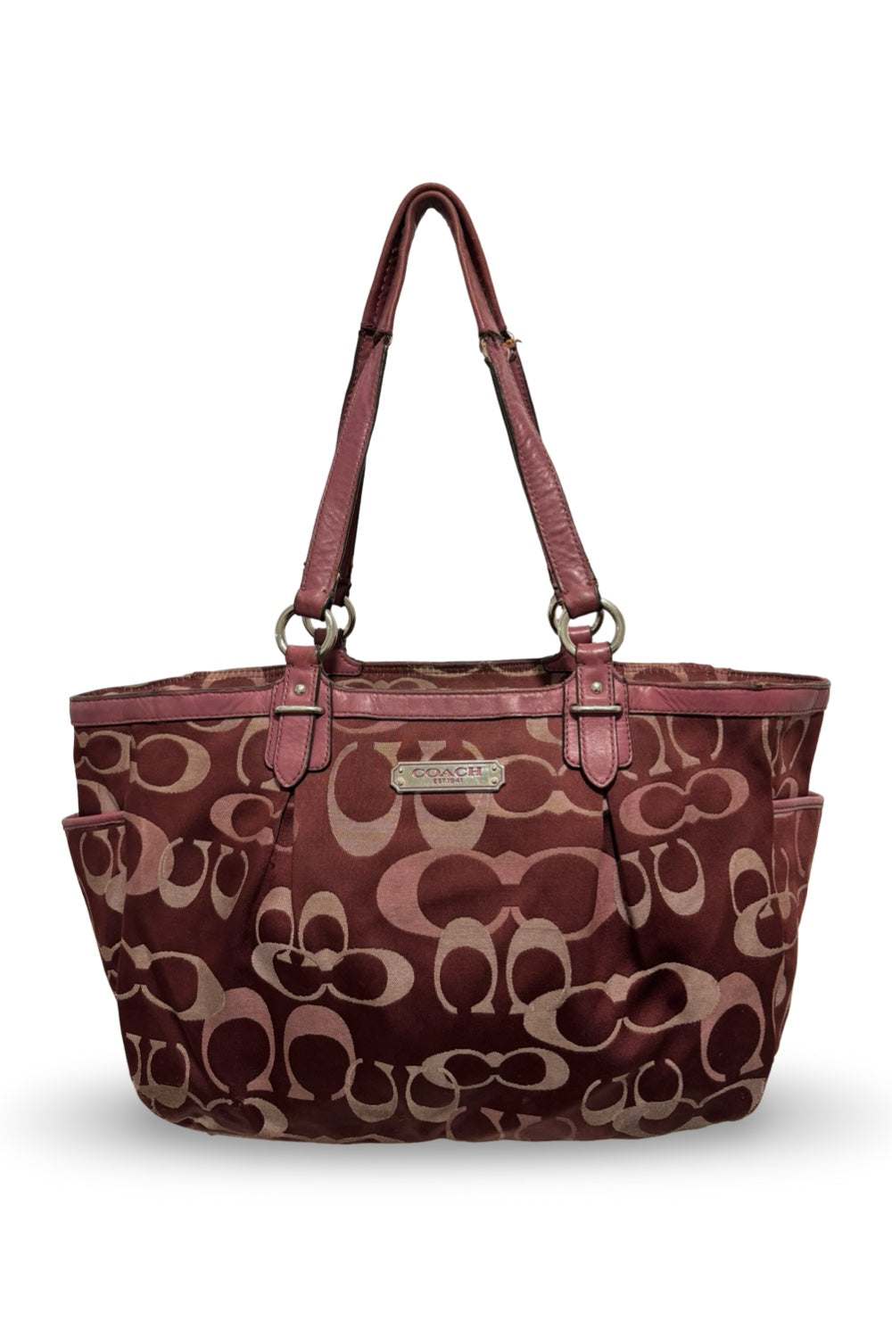 Coach Rare Pink / Burgundy Gallery Tote Signature  Canvas & Leather Vintage Shoulder Bag