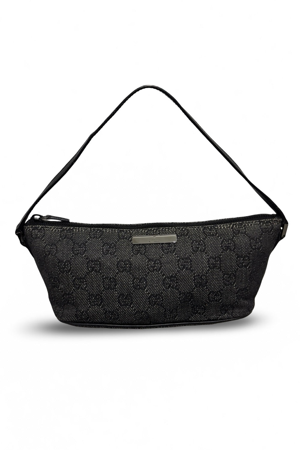 Gucci Dark Grey & Black Signature Canvas Denim  GG Boat Pochette Handbag / Shoulder Bag