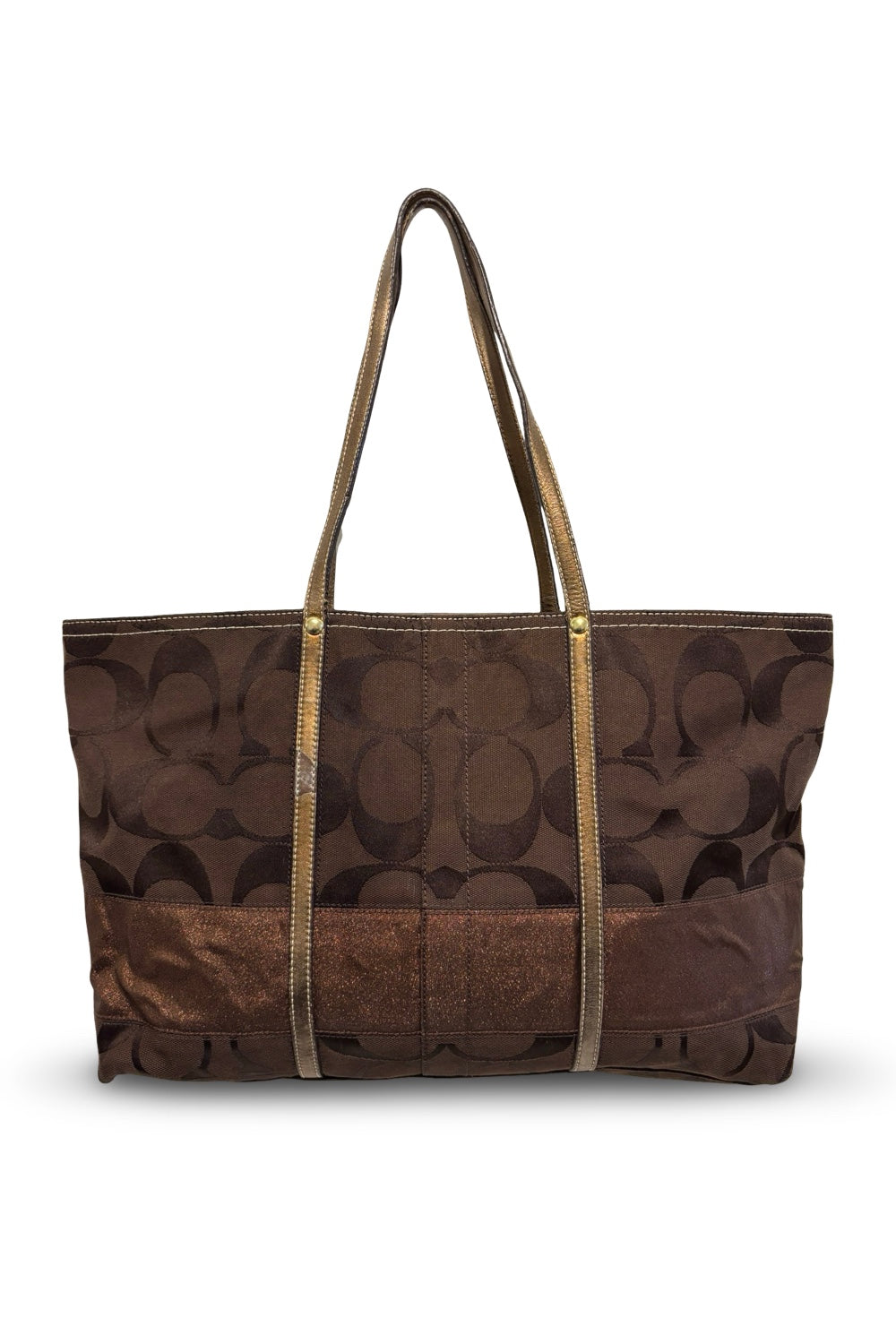 Coach Brown Signature Stripe Canvas & Leather  Metallic Tote Shoulder Bag