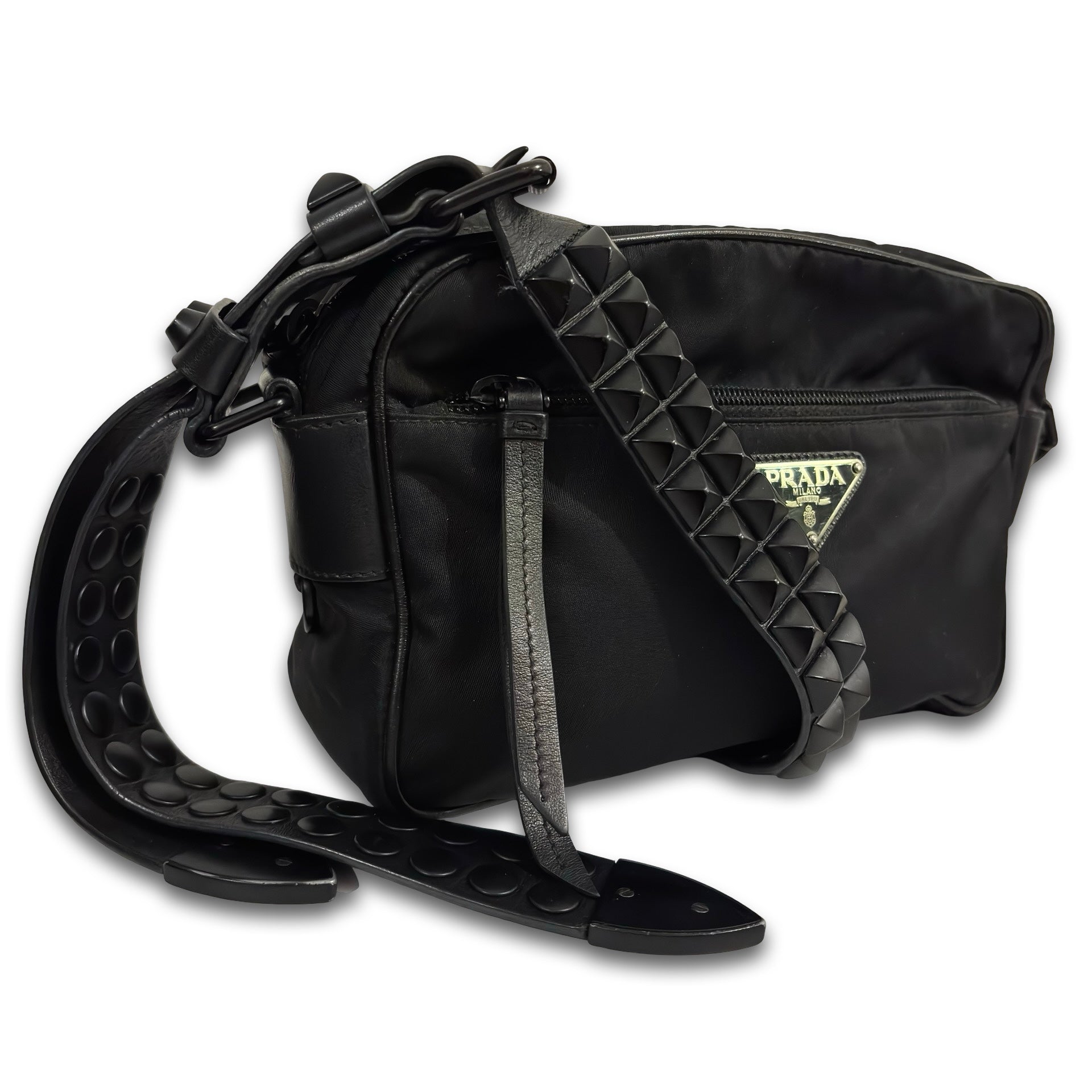 Prada Rare Black Nylon New Vela Rock Studded Vintage Leather Strap Crossbody / Shoulder Bag