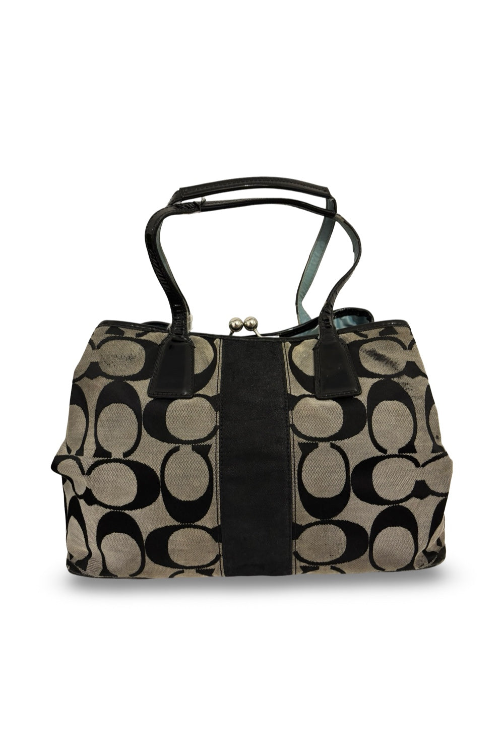 Coach Black & Grey Signature Kiss lock Canvas & Patent Leather Shoulder Bag