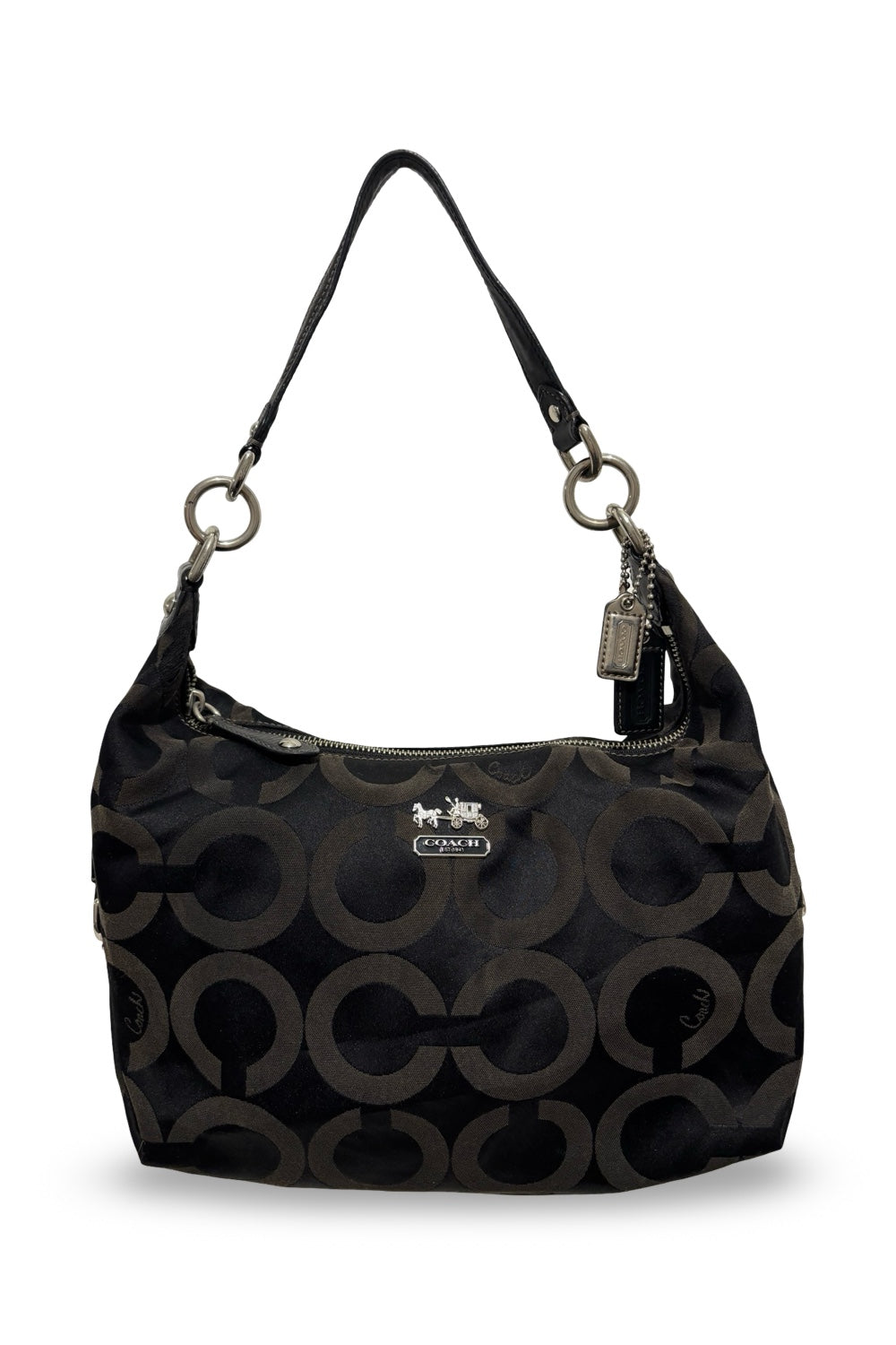 Coach Black Signature Madison OP Art Sateen & Leather Hailey Hobo Shoulder Bag