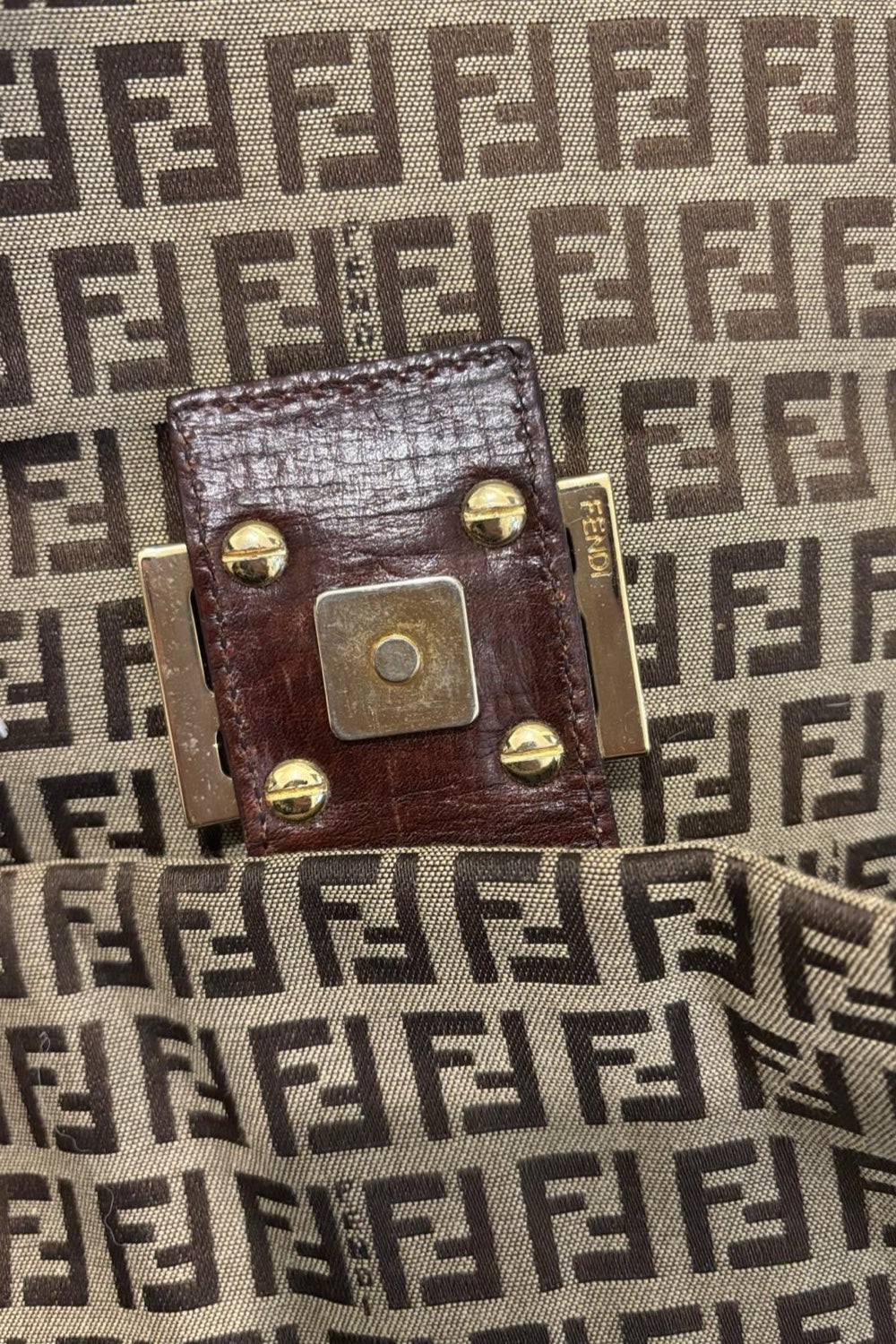Fendi Zucchino Canvas Brown & Khaki Mamma Baguette Large Signature Shoulder Bag Vintage 2000's