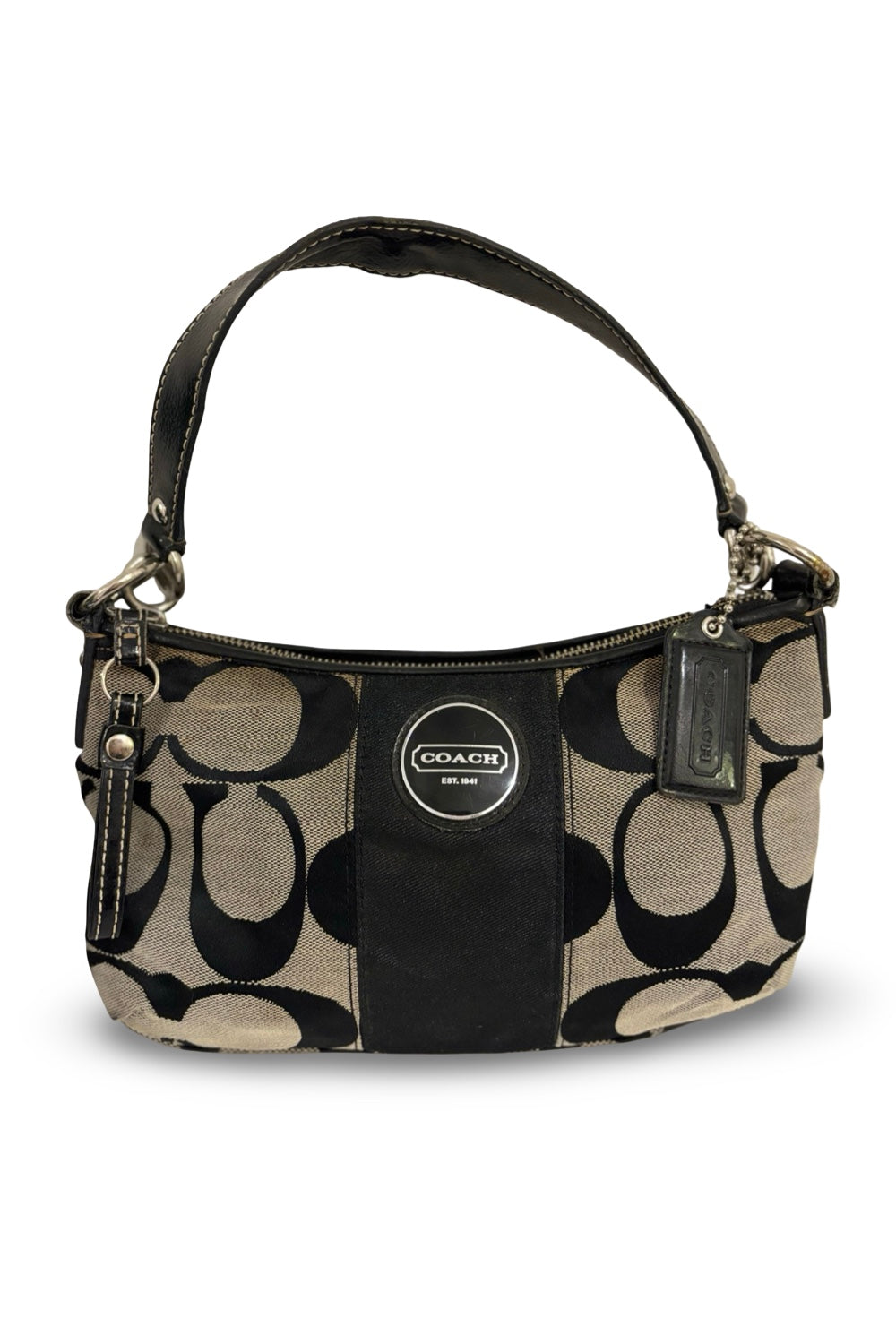 Coach Black & Grey Signature Stripe Sufflette Demi Baguette Vintage Shoulder Bag