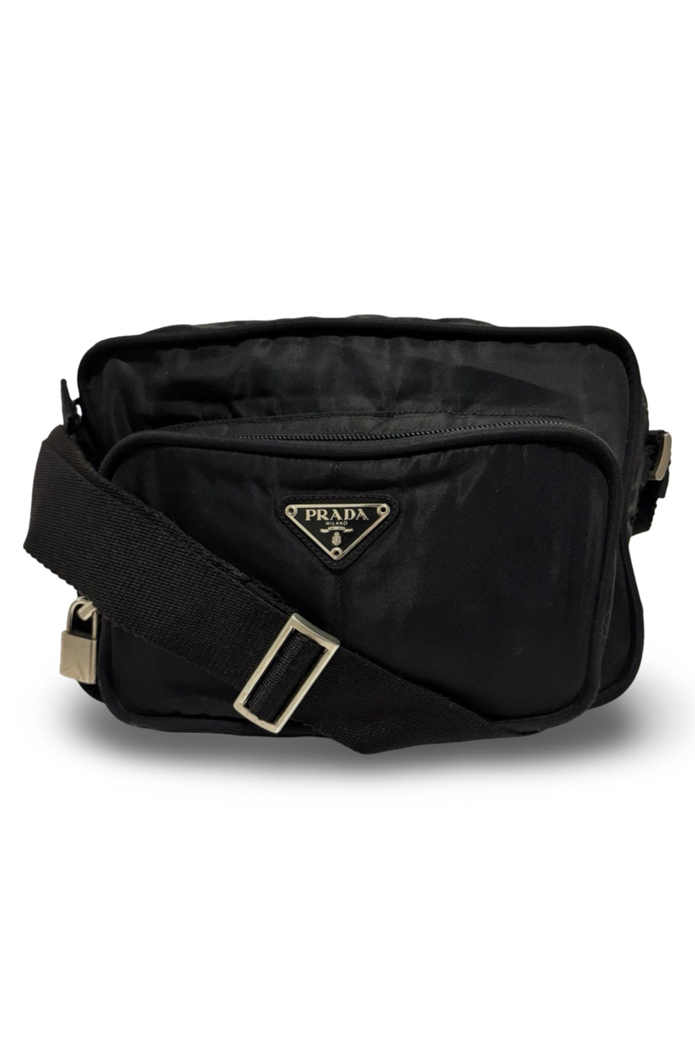 Prada Black Nylon Tessuto Vintage Silver Hardware  Padlock Crossbody / Shoulder Bag