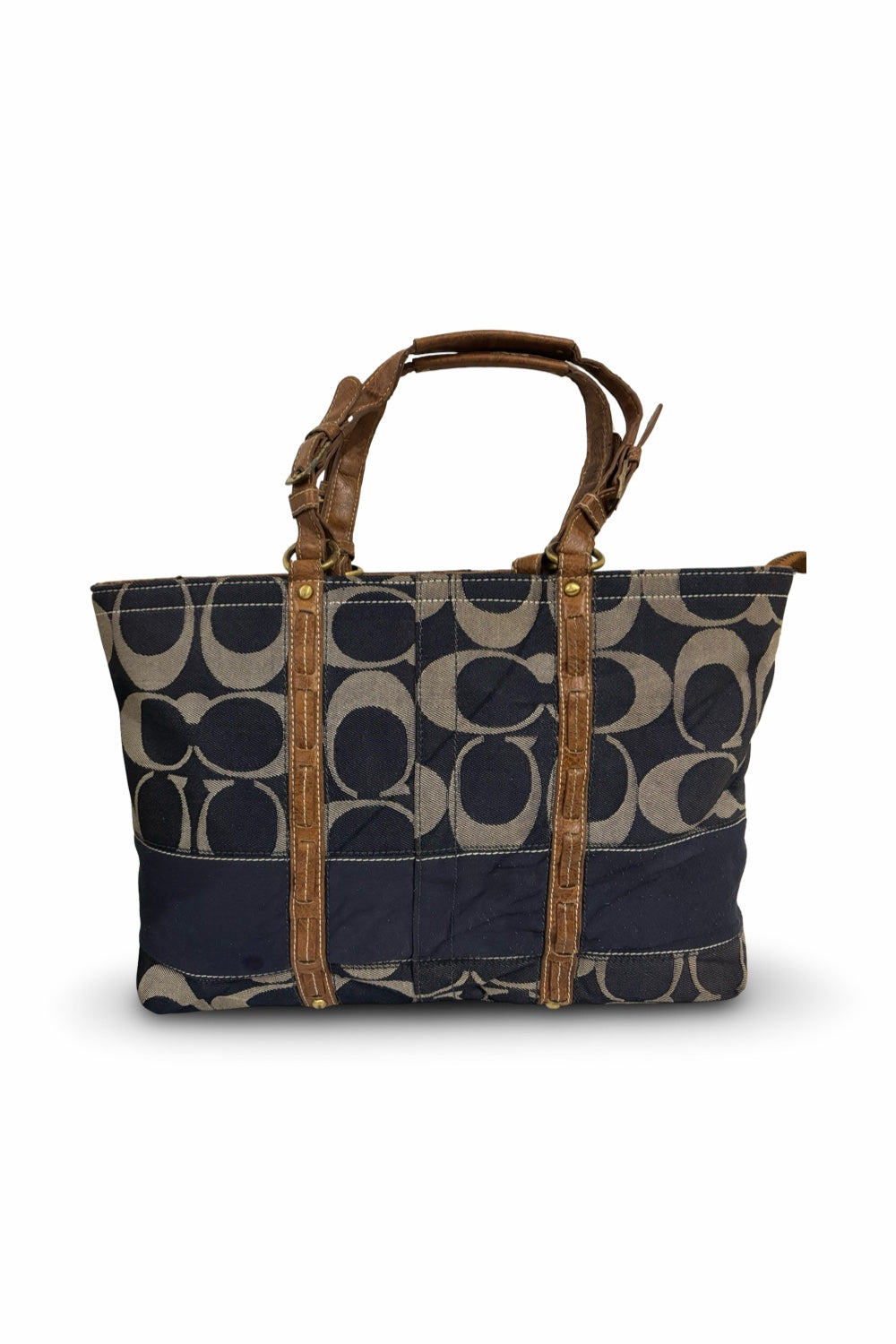Coach Cargo Blue Denim Signature Monogram Brown Leather Legacy Tote Shoulder Bag