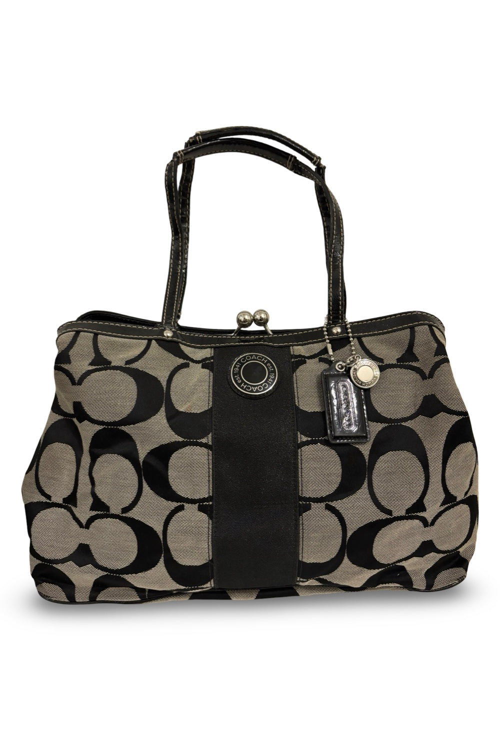 Coach Hampton Black & Grey Signature Canvas & Patent Leather Kiss lock Shoulder Bag