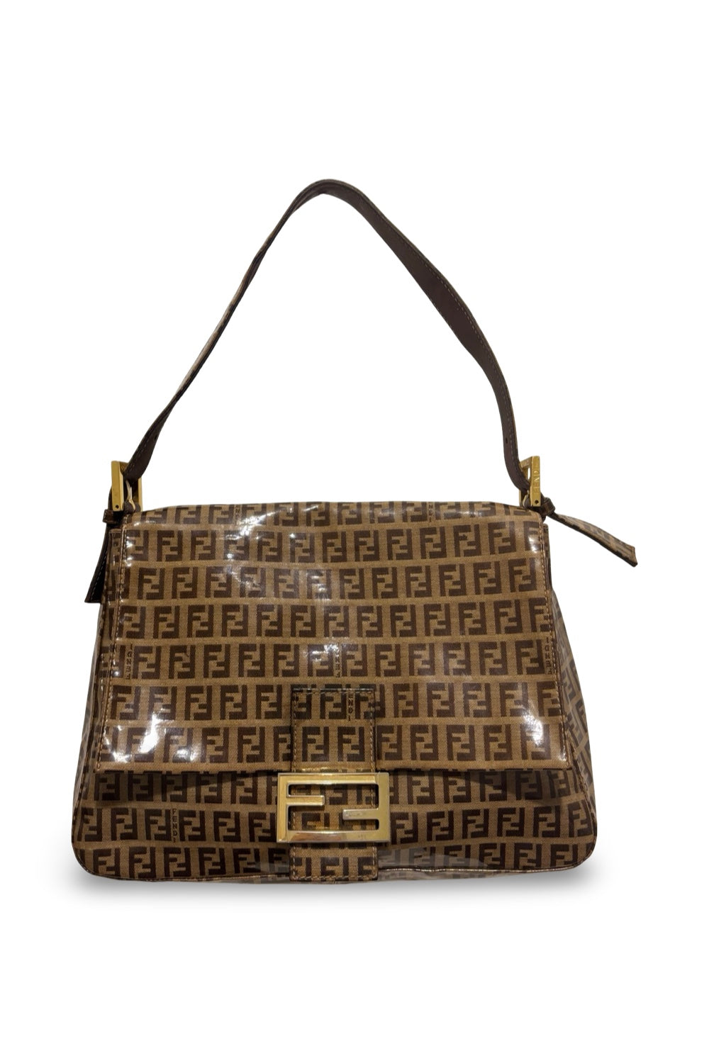 Fendi Brown Signature Mamma Bucket Zucchino Patent Vinyl Baguette Shoulder Bag