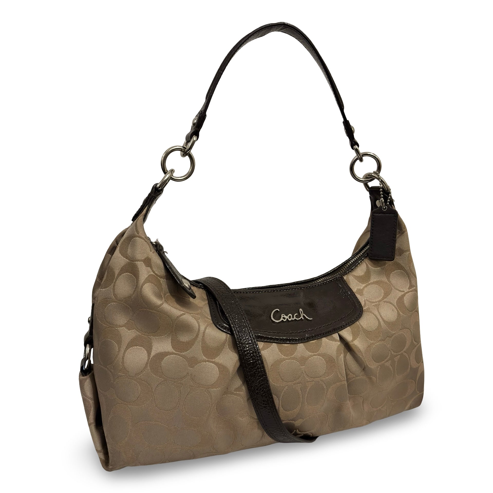 Coach 'Ashley' Signature Brown Khaki Satin Canvas & Patent Leather Hobo Vintage Shoulder Bag