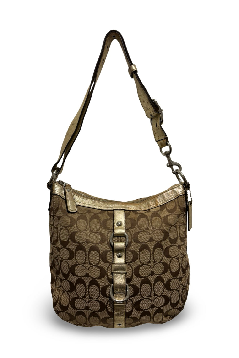 Coach Brown Chelsea Signature Canvas & Gold  Metallic Leather Crossbody / Shoulder Bag