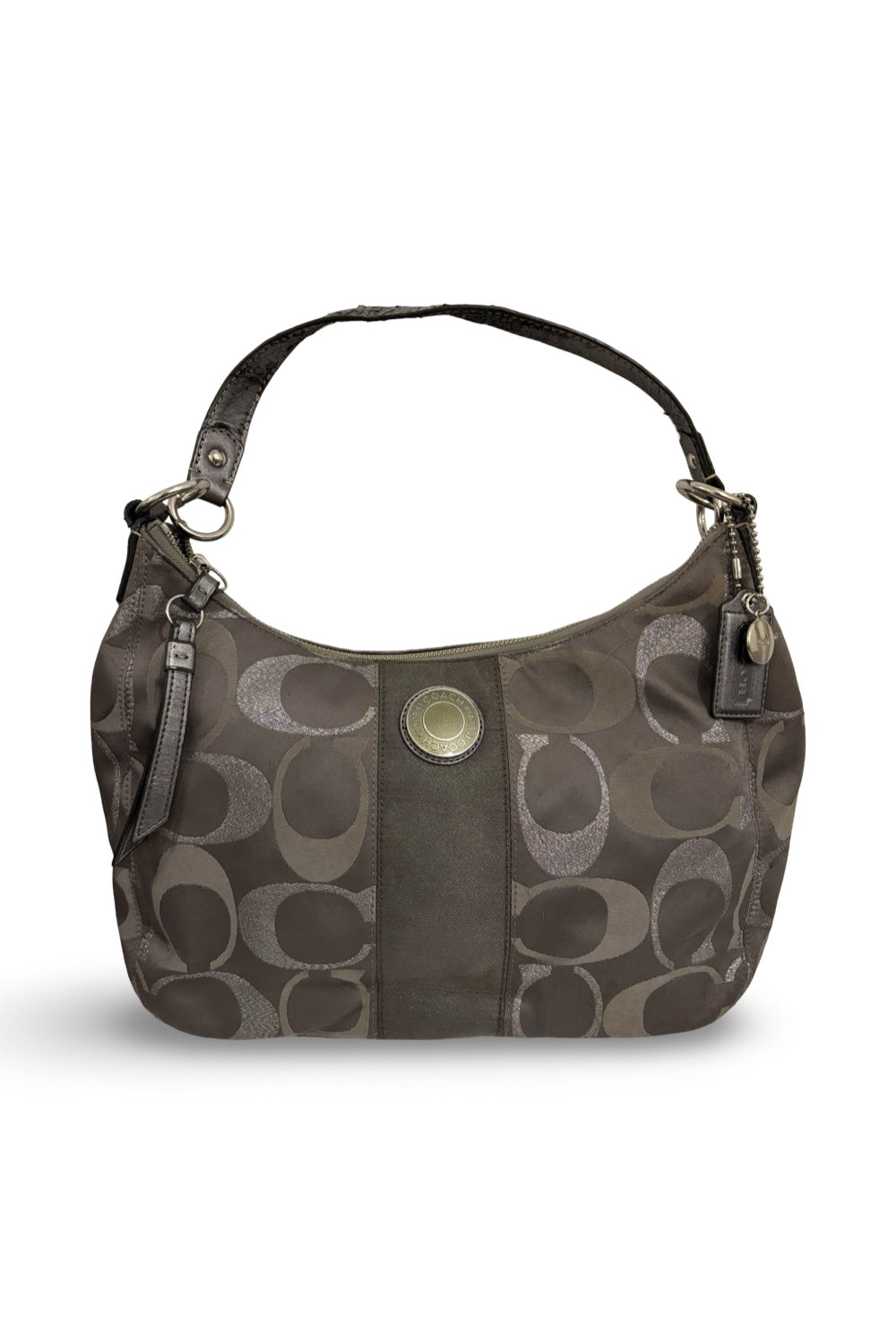 Coach Grey / Silver Sparkle Signature Canvas Satin & Metallic Leather Shoulder Bag