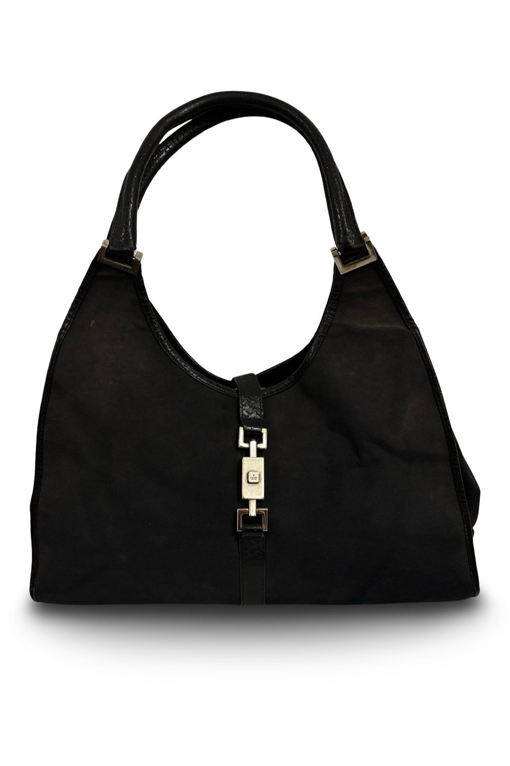 Gucci Jackie 1961 Black Canvas Vintage Bardot  Leather Trim Hobo Shoulder Bag