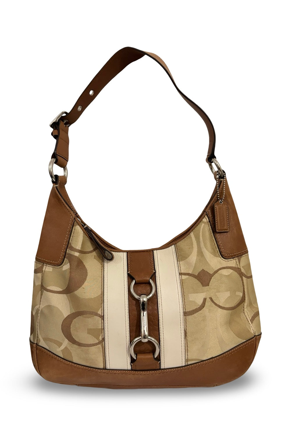 Coach Vintage Brown Signature Hampton Canvas Satin & Leather Hobo Shoulder Bag