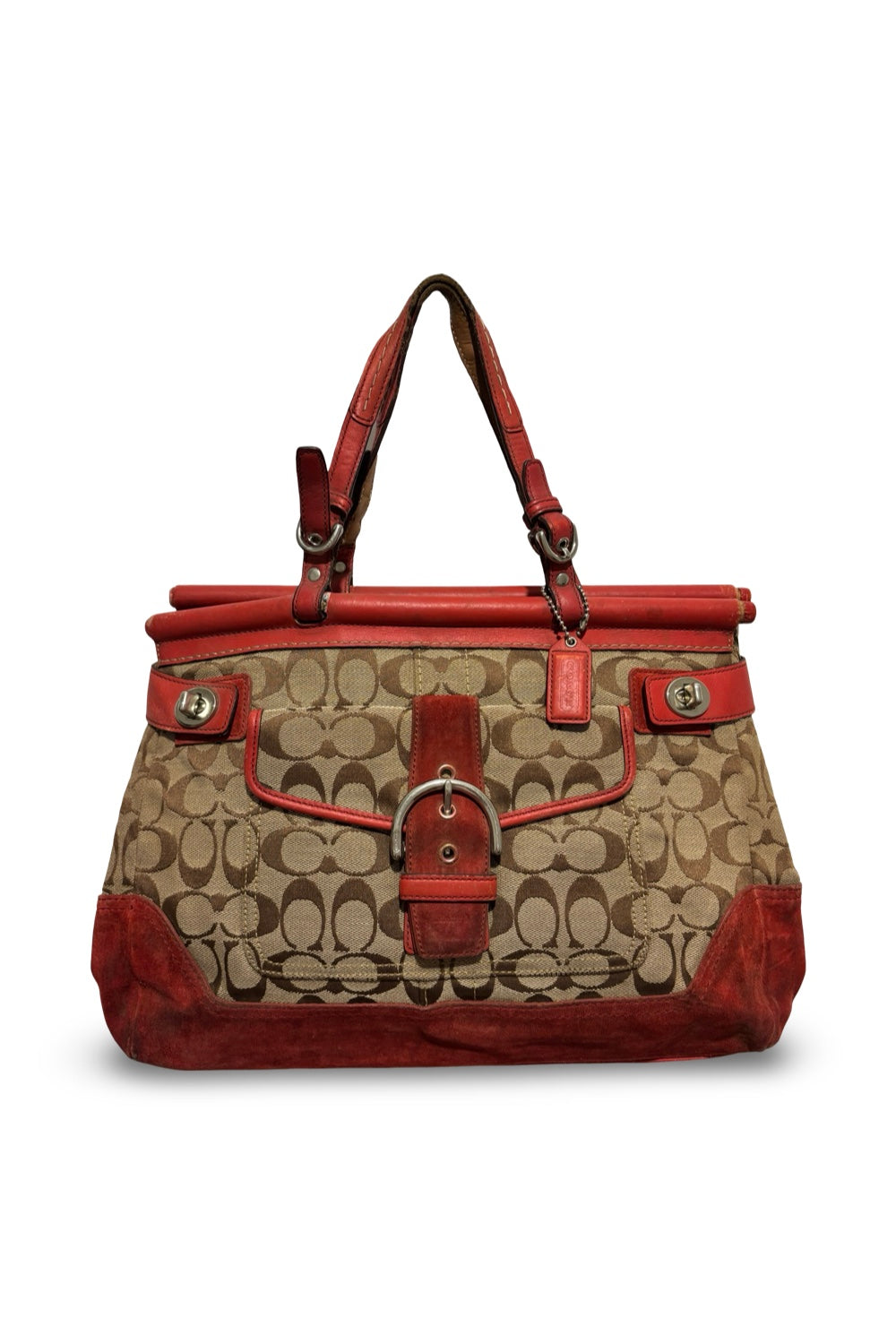 Coach Vintage 2000’s Hampton Brown & Red Signature Canvas Suede & Leather Shoulder Bag