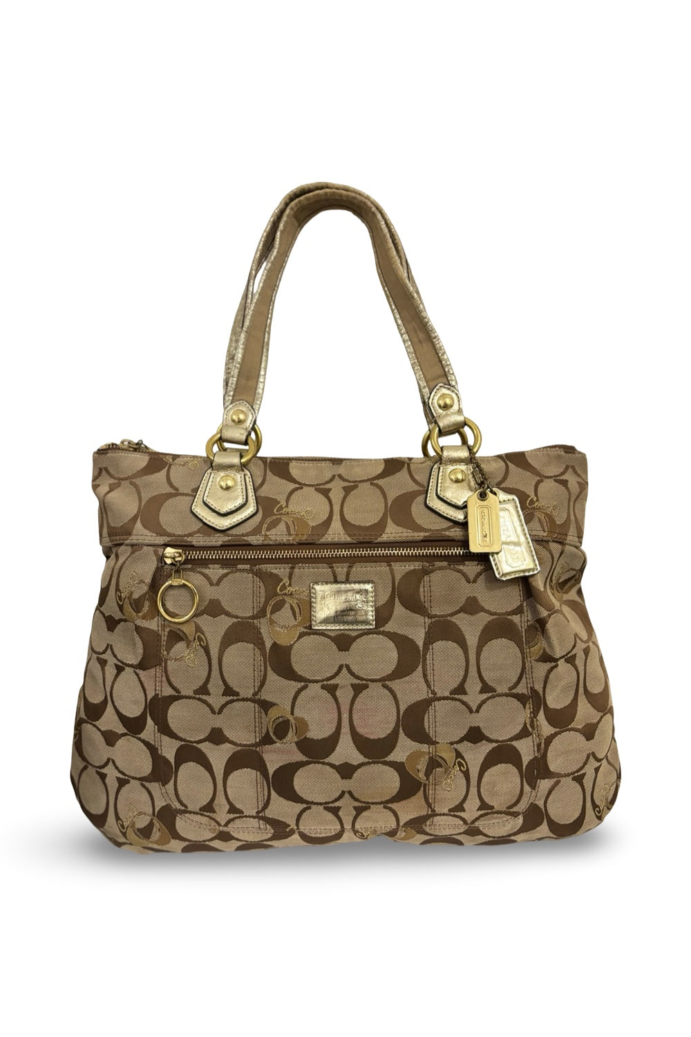 Coach Poppy Brown & Gold Hearts Signature Canvas & Leather Vintage Shoulder Bag